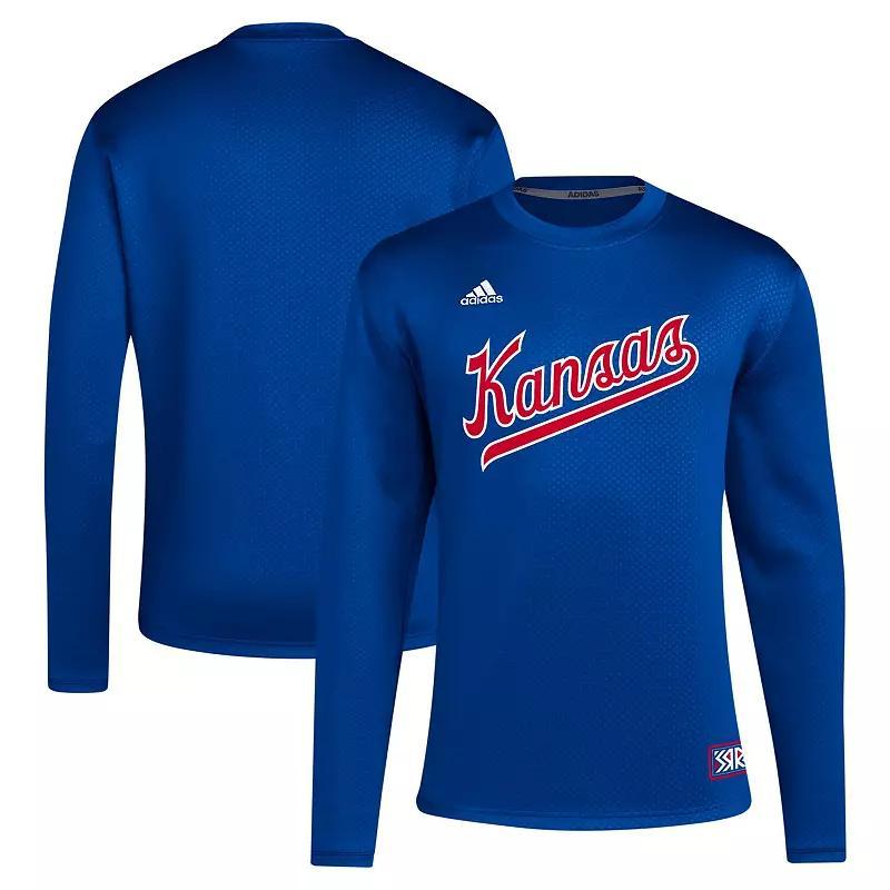 Mens adidas Royal Kansas Jayhawks Reverse Retro Baseball Script Pullover Sweatshirt Product Image