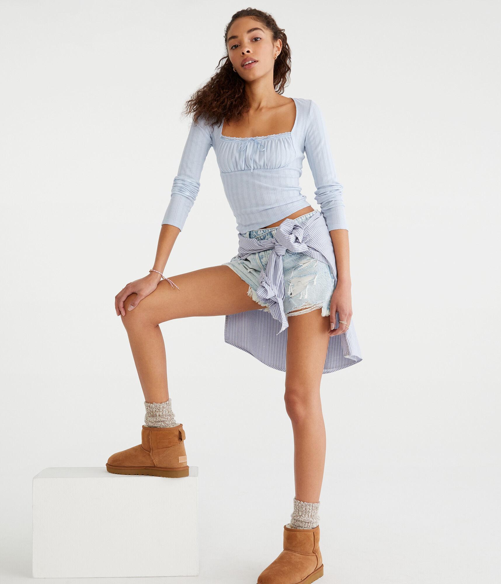 Long Sleeve Ruched Pointelle Top Product Image