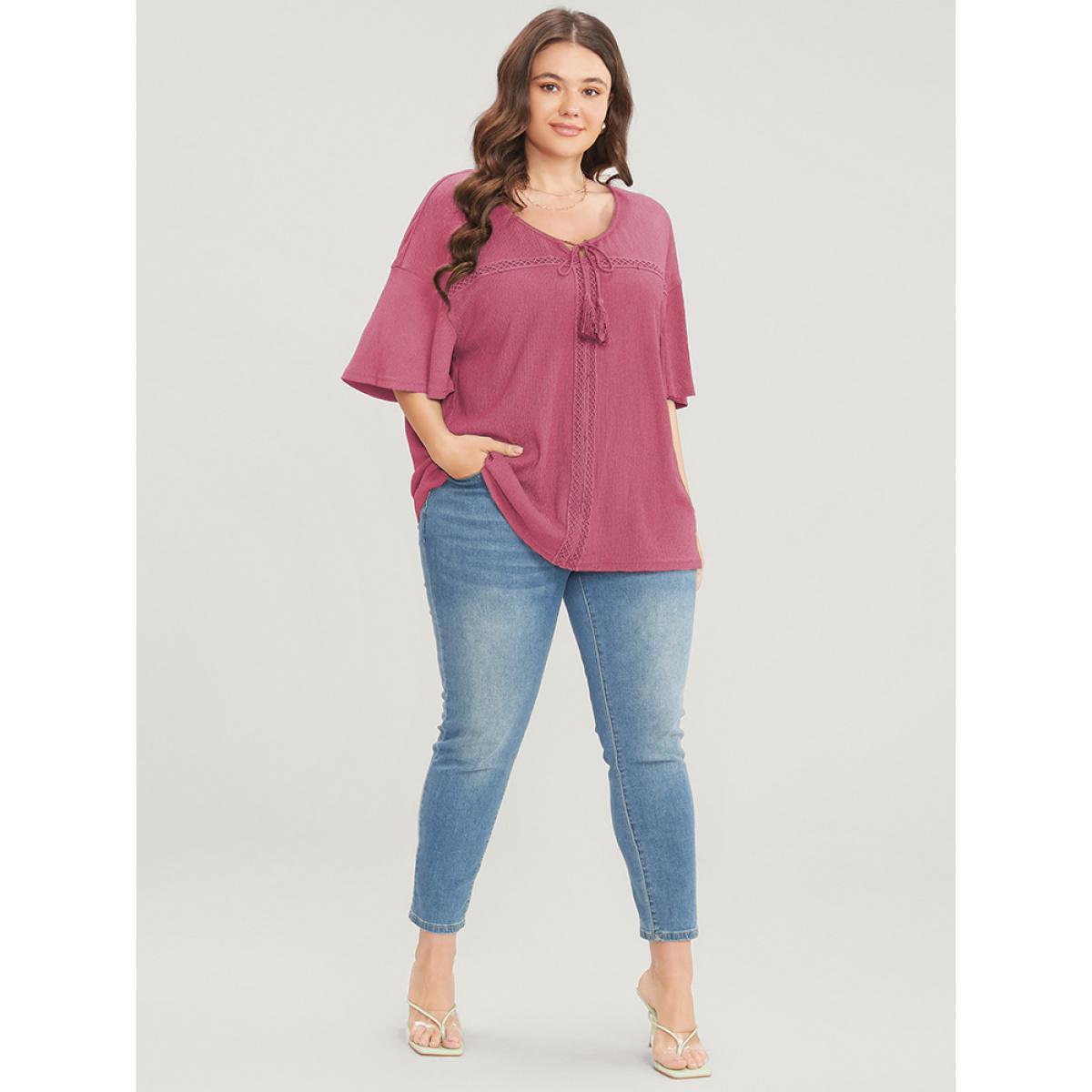 Plus Size RedViolet Solid Tassels Flounce Sleeve Lace Tie Neck Blouse Women Casual Short sleeve V-neck Dailywear Blouses BloomChic 28/5X Product Image