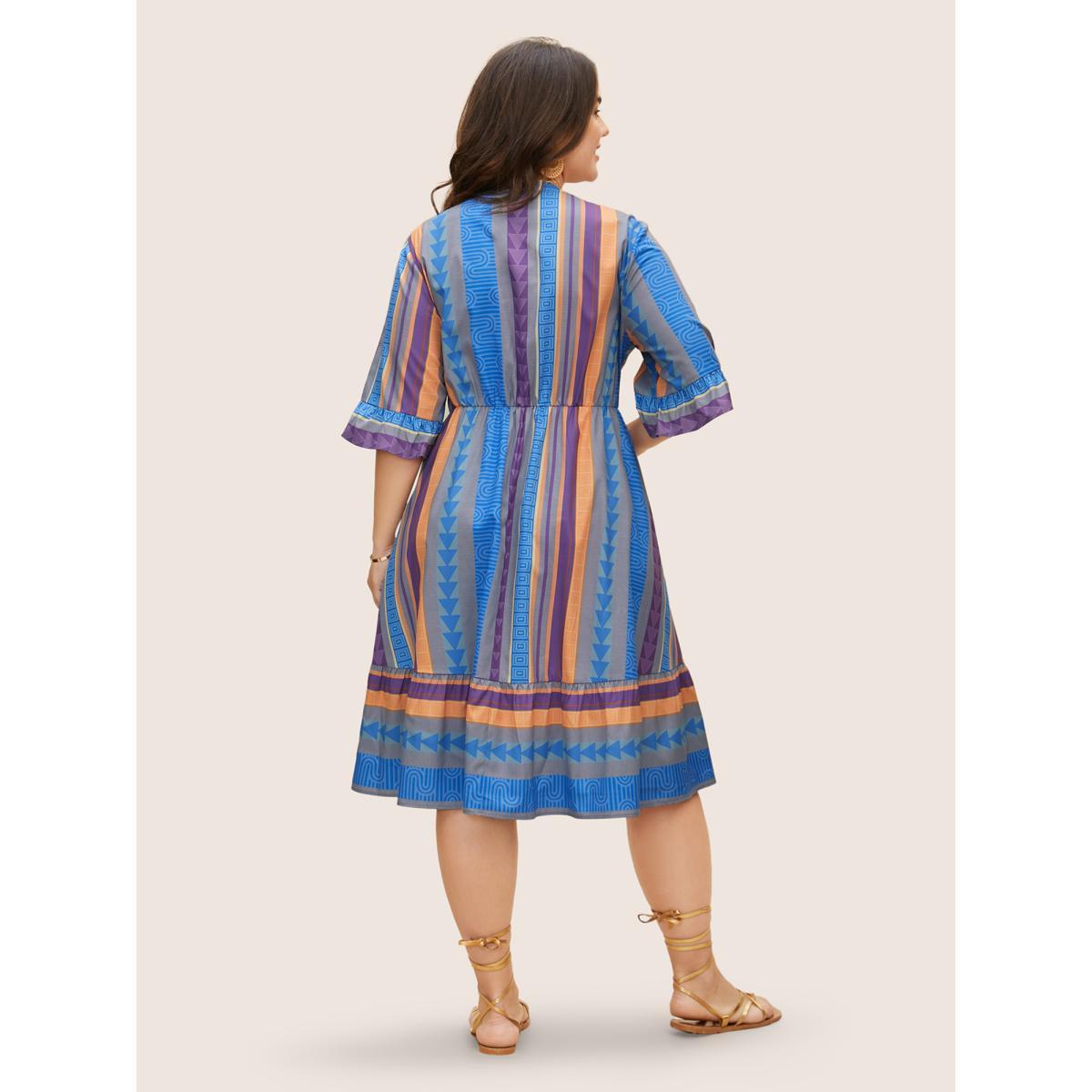 Plus Size Notched Collar Geometric Striped Ruffle Sleeve Dress Skyblue Women Resort Non Notched collar Half Sleeve Curvy BloomChic 22-24/3X Product Image