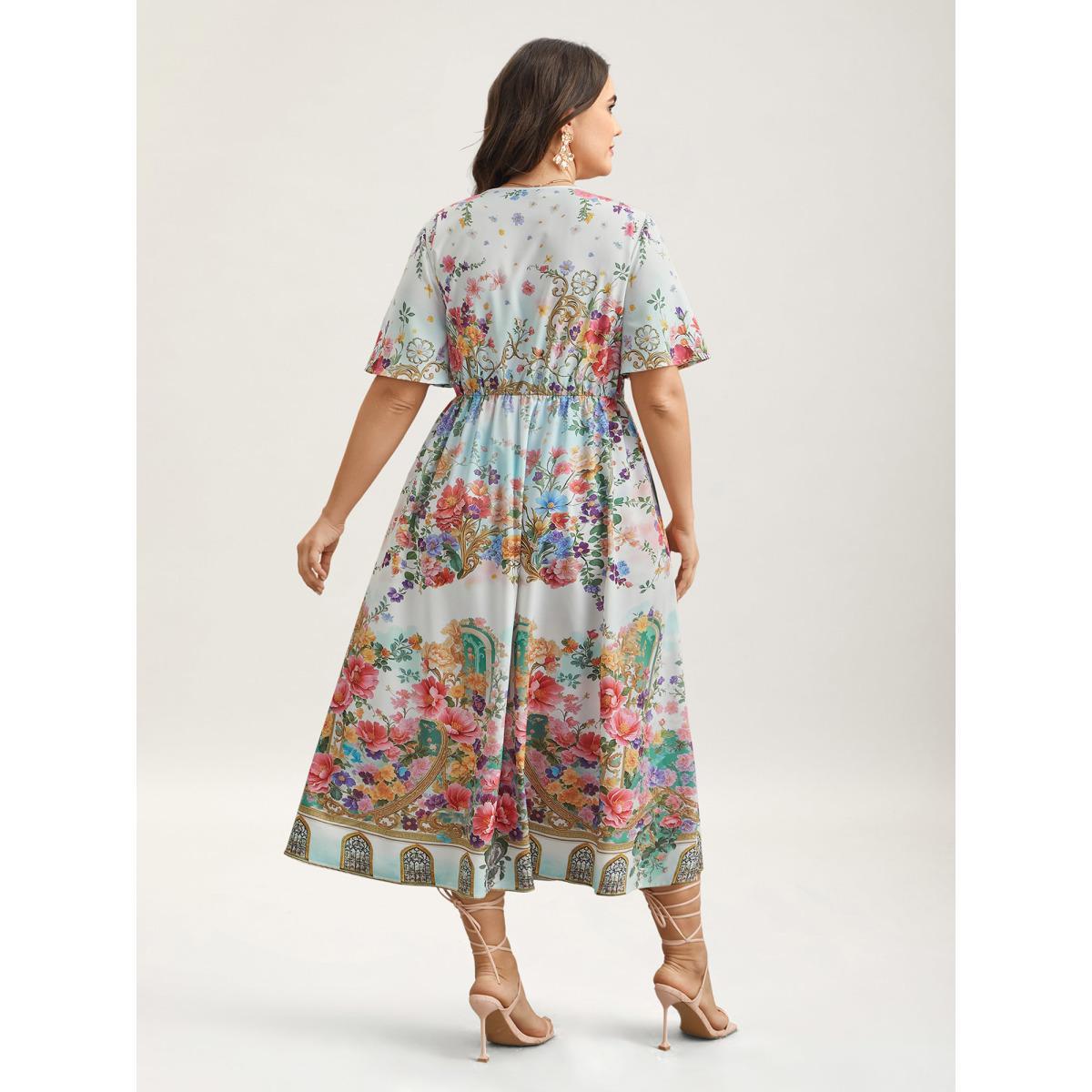 Plus Size Floral Print Wrap-Neck Flared Sleeve Maxi Dress Ivory Women Elegant Non Overlap Collar Short sleeve Curvy BloomChic 26/4X Product Image