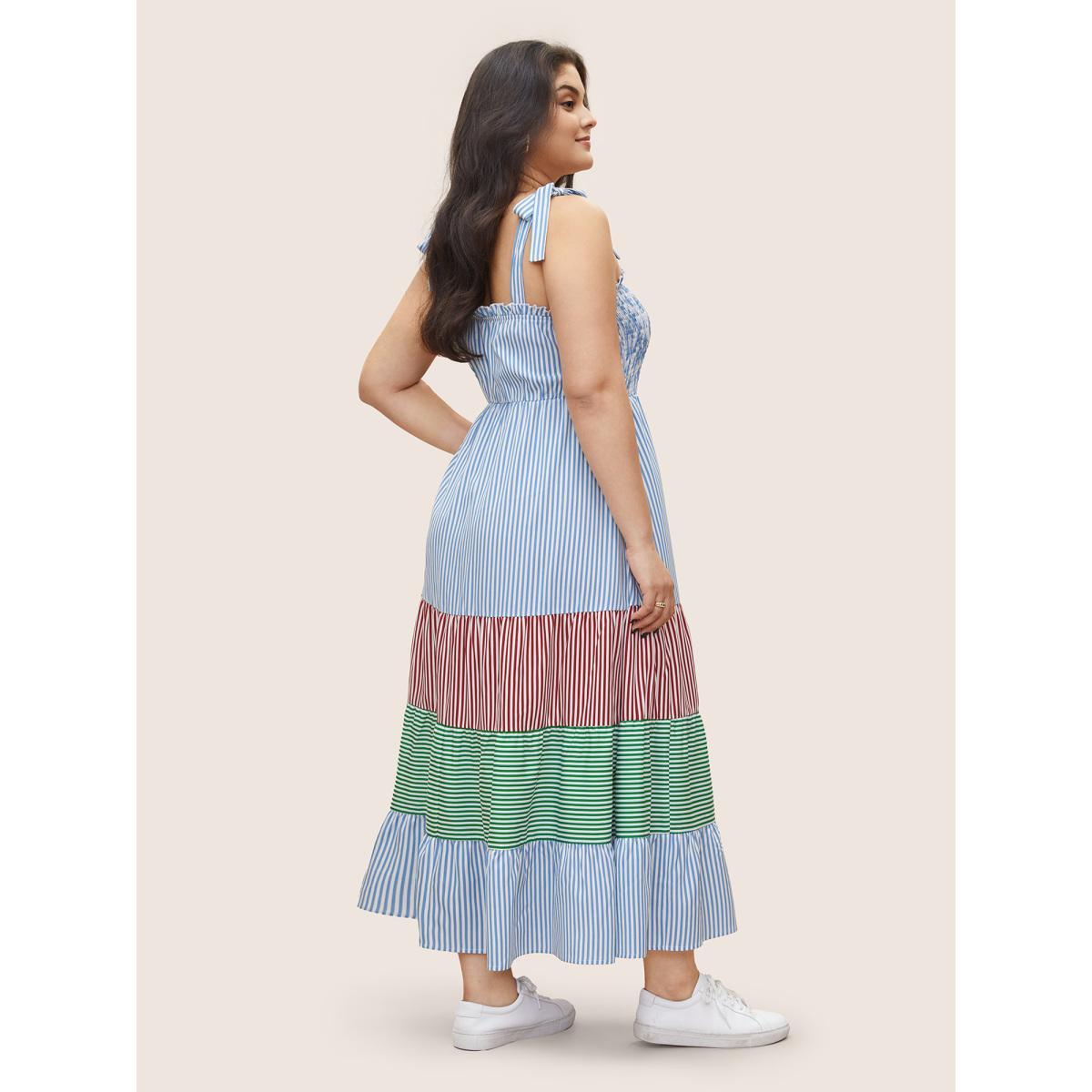 Plus Size Contrast Striped Patchwork Shirred Ties Dress LightBlue Women Casual Non Non Sleeveless Curvy Midi Dress BloomChic 28/5X Product Image