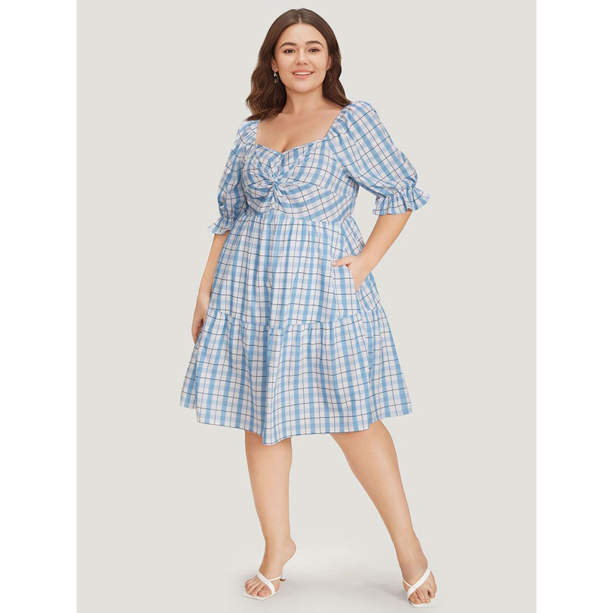 Plus Size Twist Front Square Neck Ruffle Layered Hem Bell Sleeve Dress LightBlue Women Elegant Square Neck Short sleeve Curvy Knee Dress BloomChic 14-16/1X Product Image