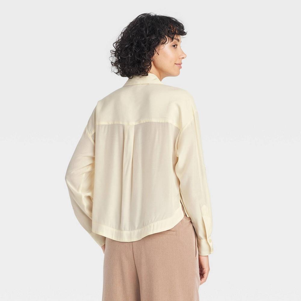Womens Long Sleeve Button-Down Cropped Utility Shirt - A New Day Cream S: Recycled Polyester, Front Pocket Product Image