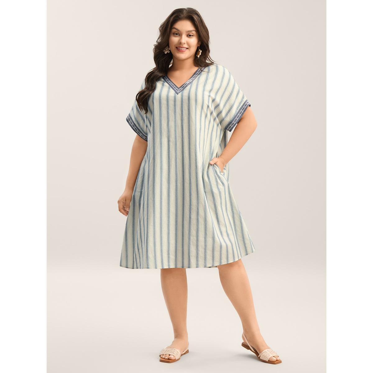 Plus Size Pure Cotton Stripe Print Pockets Midi Dress Ivory Women V-neck Short sleeve Curvy BloomChic 18-20/2X Product Image
