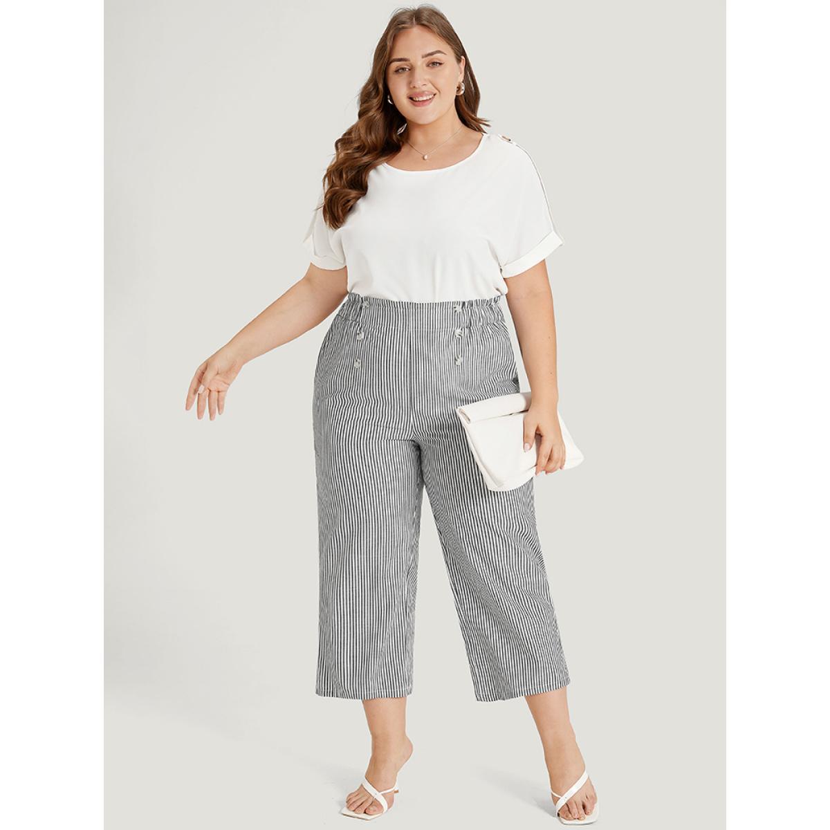 Plus Size Striped Pocket Button Detail Paperbag Waist Pants Women Black Office Straight Leg High Rise Work Pants BloomChic 18-20/2X Product Image
