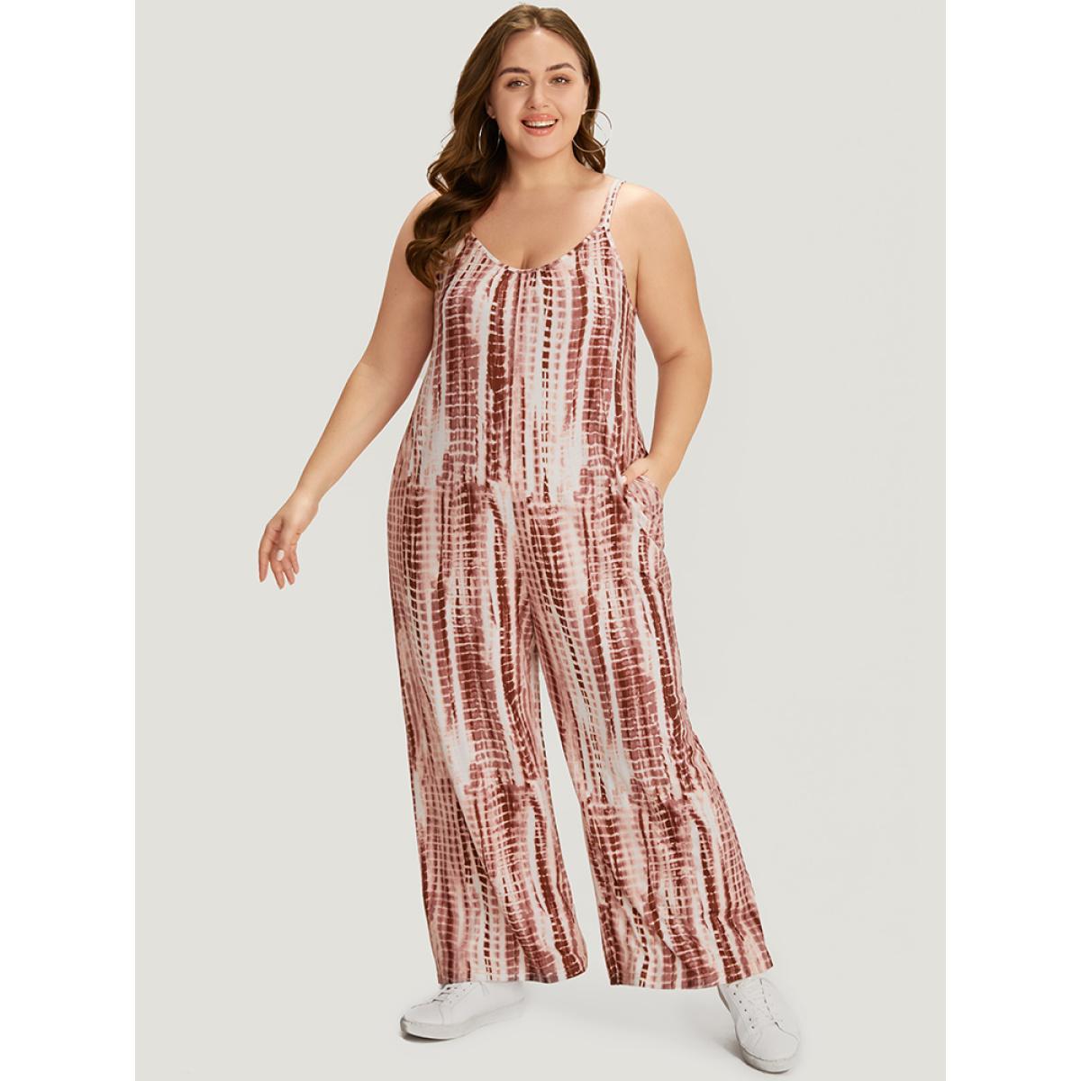 Plus Size Rouge Tie Dye Striped Pocket Backless Cami Jumpsuit Women Casual Sleeveless Spaghetti Strap Dailywear Loose Jumpsuits BloomChic 18-20/2X Product Image
