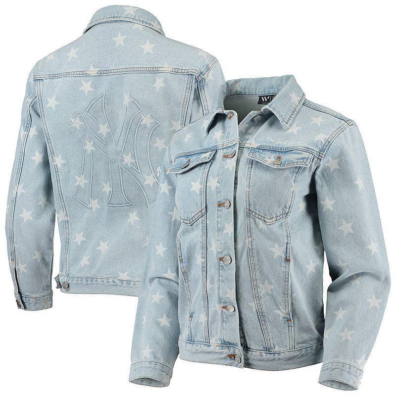 Women's The Wild Collective New York Yankees Allover Print Button-Up Denim Jacket, Size: XL, Turquoise A Product Image
