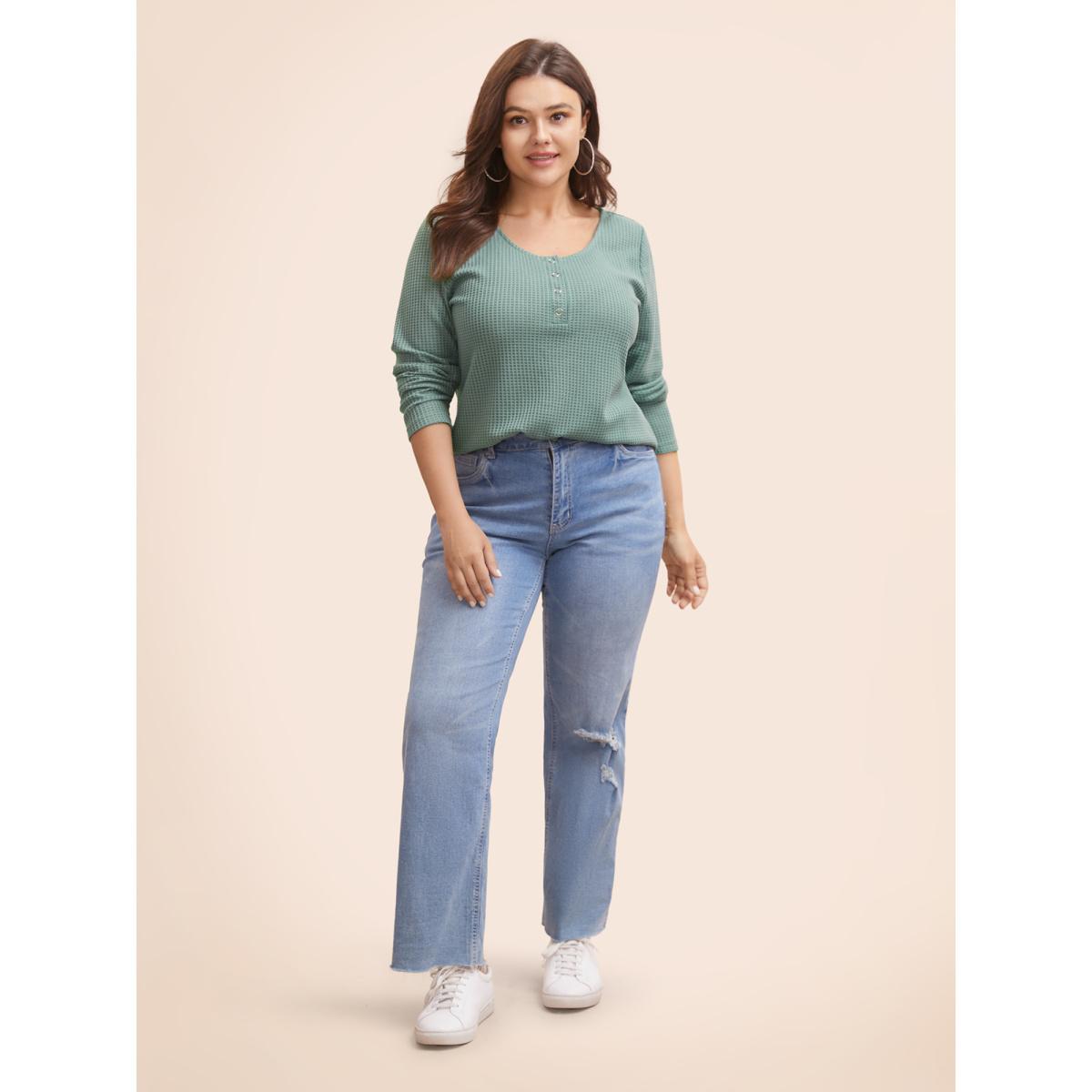 Plus Size Solid Waffle Knit Round Neck T-shirt Teal Women Casual Texture Round Neck Everyday T-shirts BloomChic 30/6X Product Image