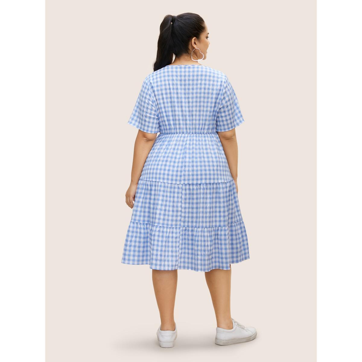 Plus Size Gingham Button Detail Ruffle Layered Hem Dress LightBlue Women Casual Button V-neck Short sleeve Curvy BloomChic 12/L Product Image