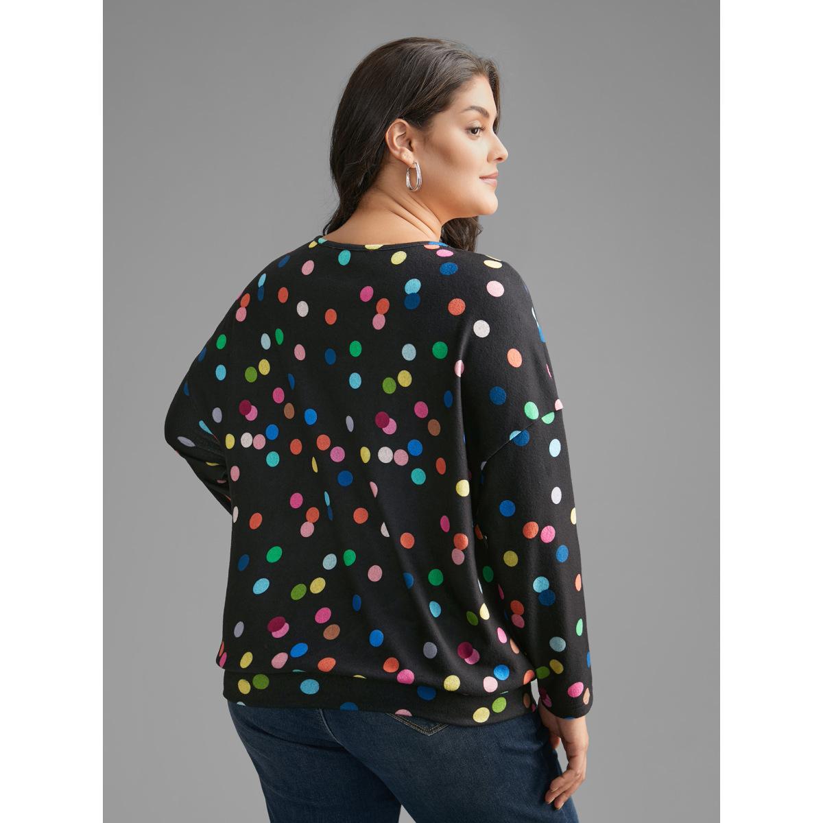 Plus Size Color Polka Dot Drop Shoulder T-shirt DarkBlue Women Casual Contrast Round Neck Everyday T-shirts BloomChic 12/L Product Image