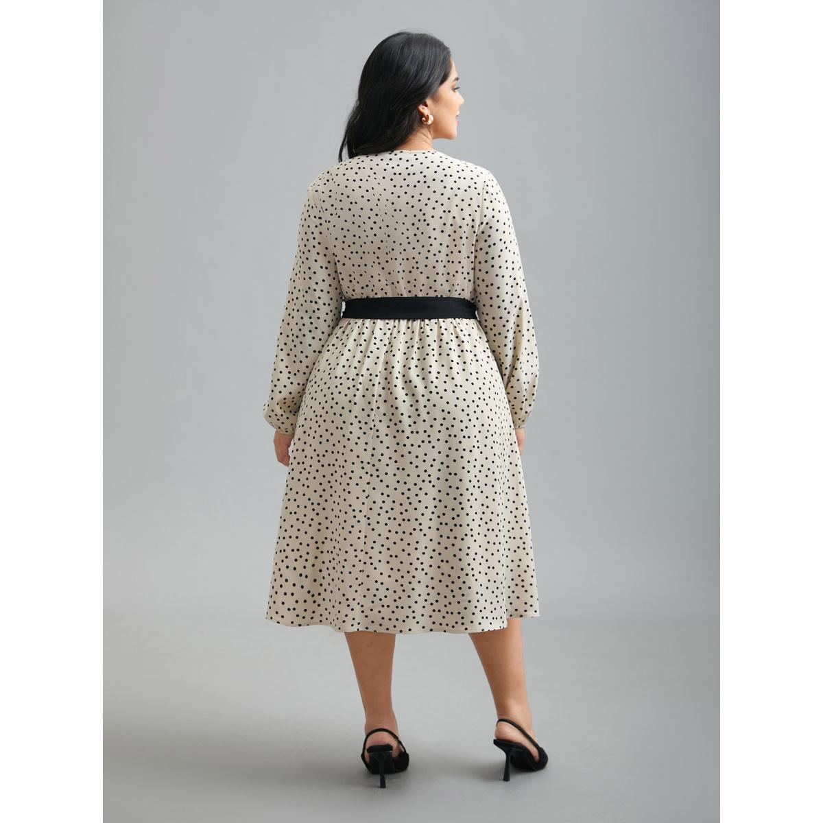 Plus Size Round Neck Polka Dot Waist-Tie Midi Dress Apricot Women Elegant Belted Round Neck Long Sleeve Curvy BloomChic 18-20/2X Product Image
