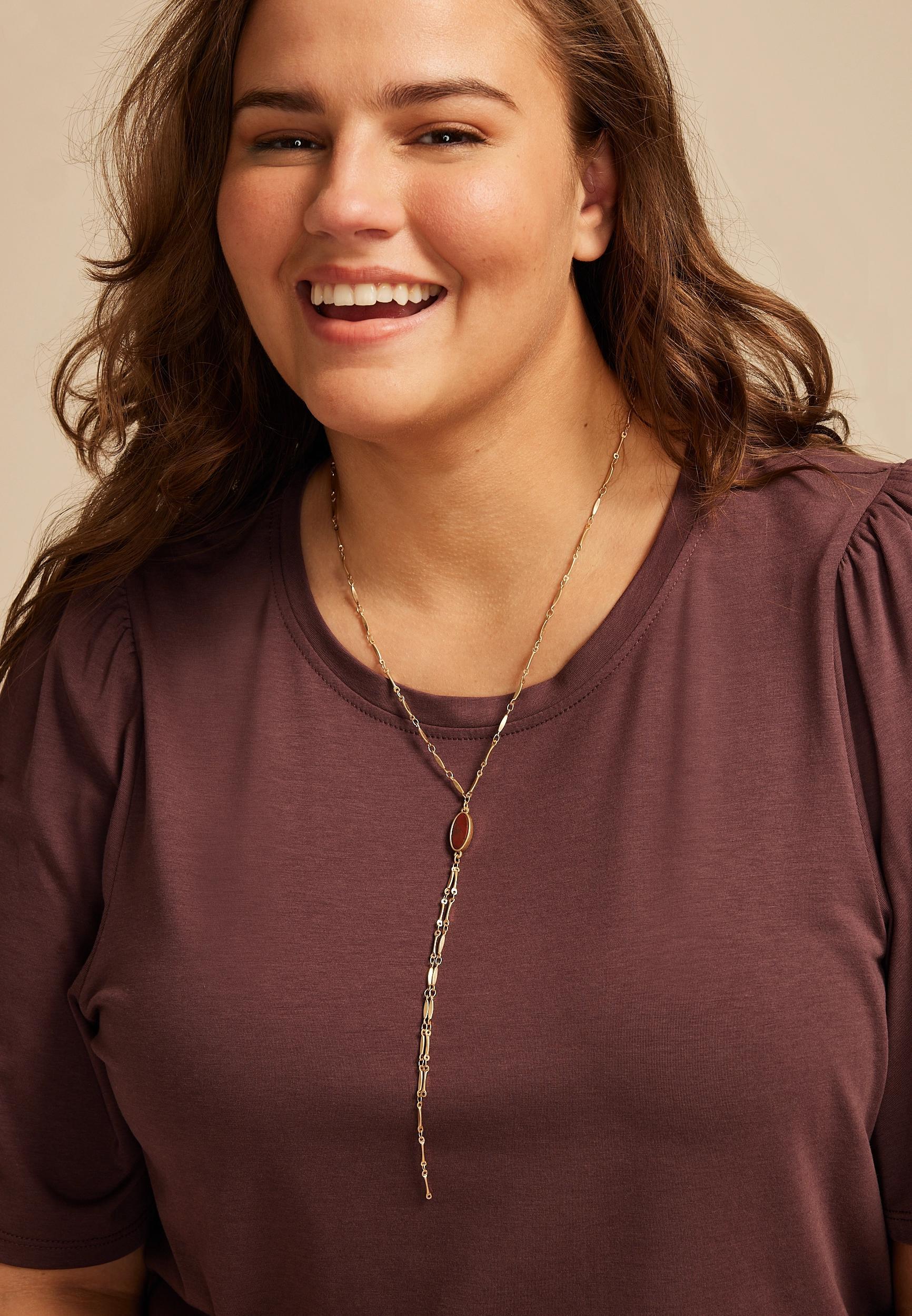 Faux Rust Oval Stone Pendant Y Necklace Product Image