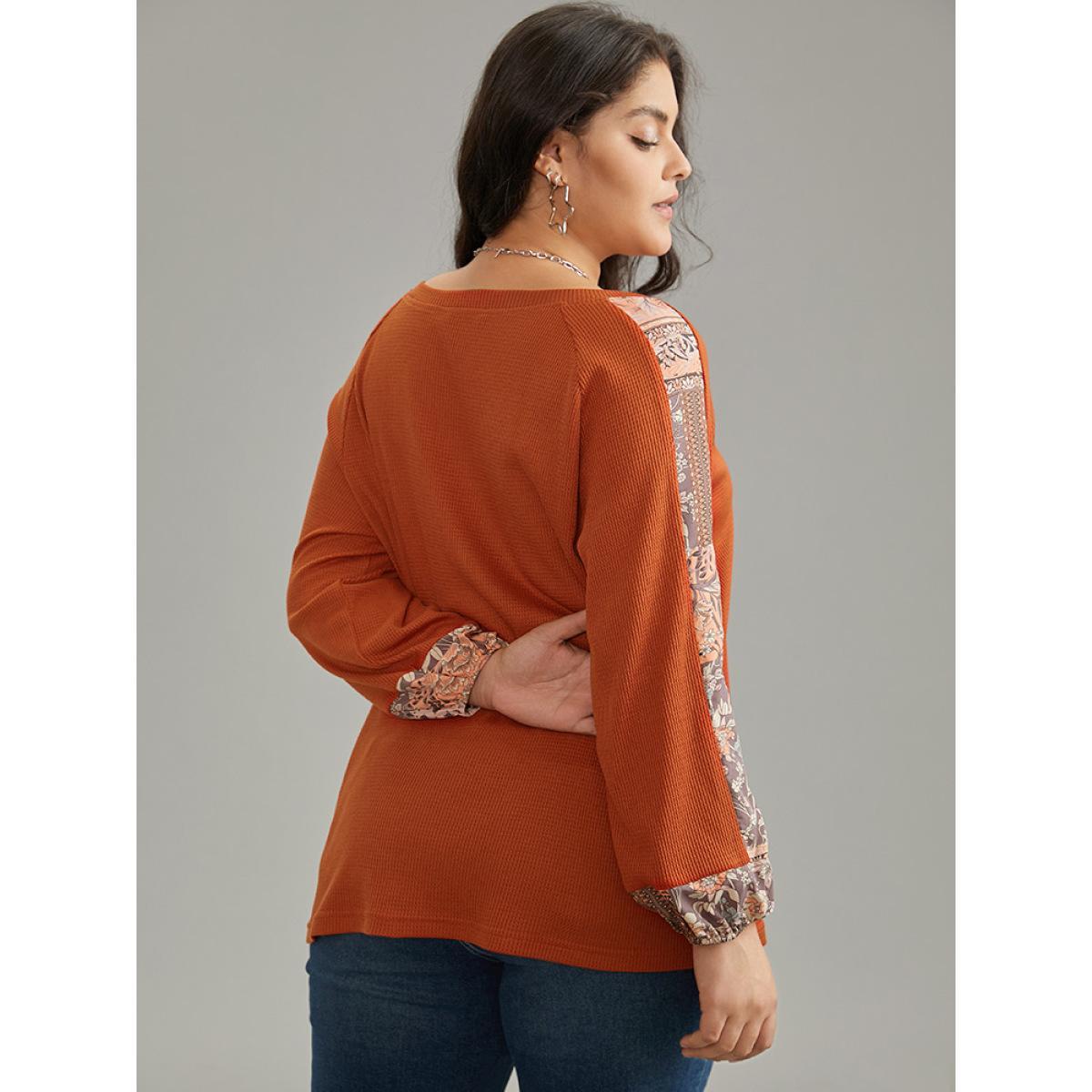 Plus Size Waffle Knit Boho Print Patchwork Raglan Sleeve T-shirt OrangeRed Women Elegant Bohemian Print V-neck Dailywear T-shirts BloomChic 14-16/1X Product Image