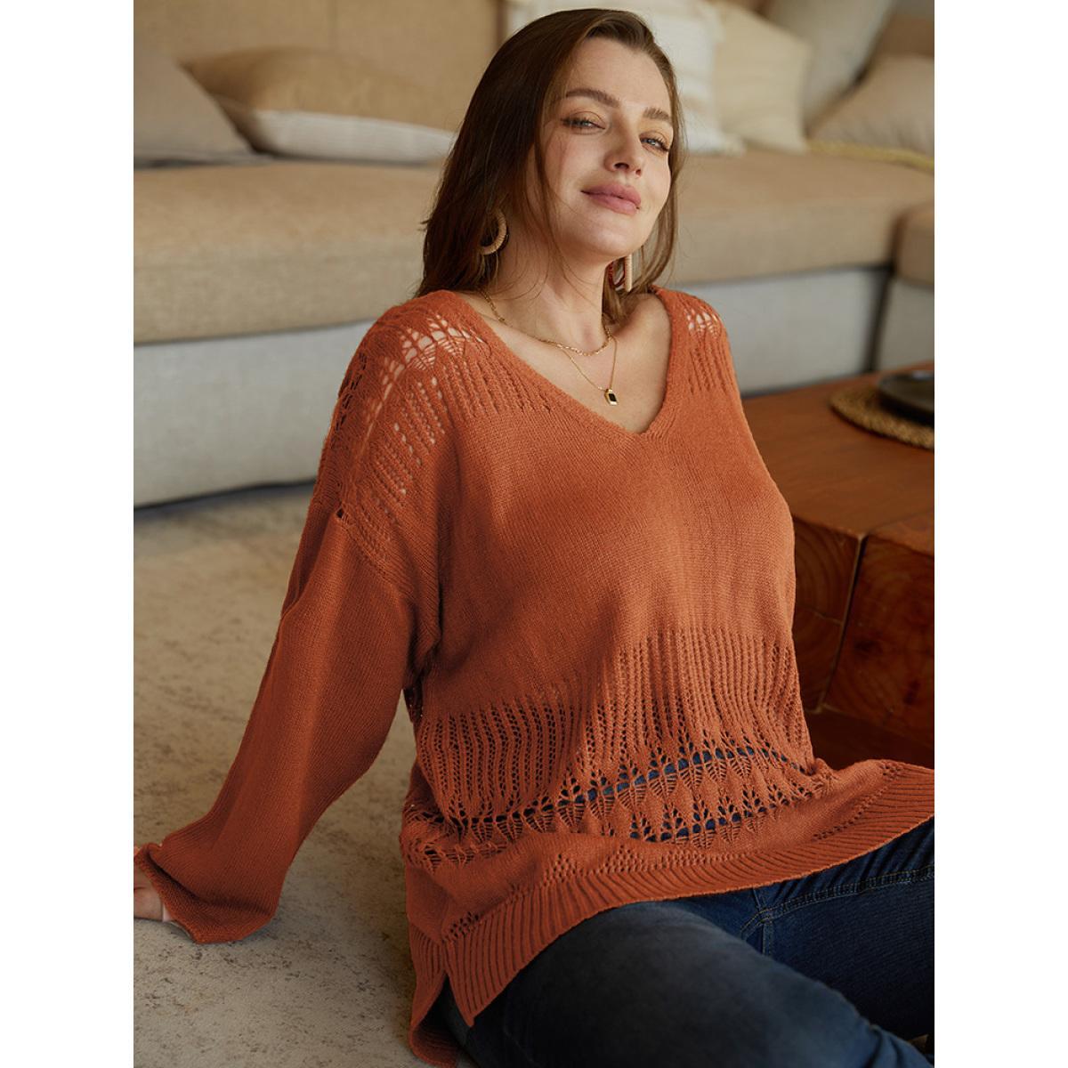Plus Size Solid Hollow Out Split V Neck Pullover Chocolate Women Casual Loose Long Sleeve V-neck Everyday Pullovers BloomChic 28/5X Product Image