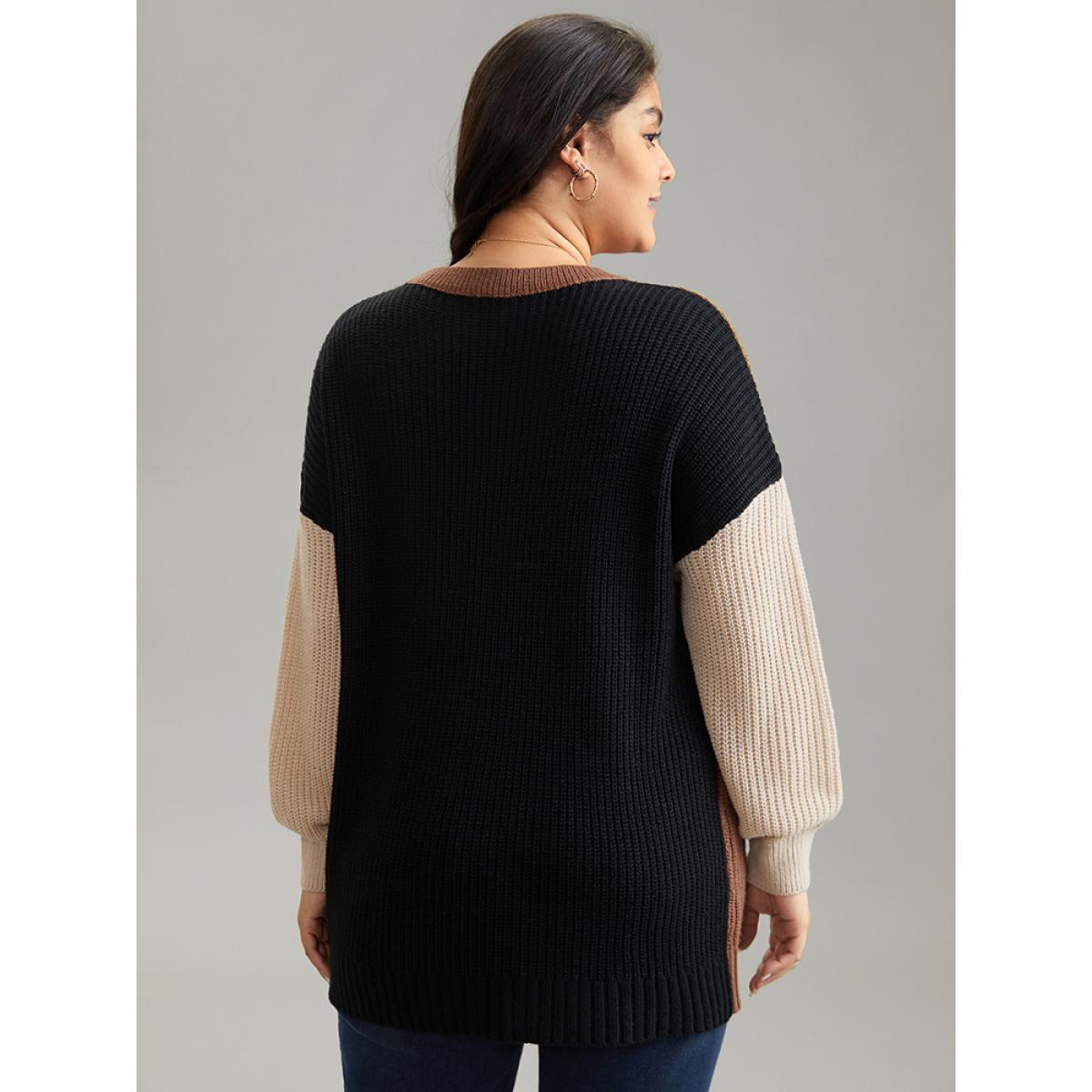 Plus Size Patchwork Colorblock Contrast Drop Shoulder Pullover Multicolor Women Casual Loose Long Sleeve Round Neck Dailywear Pullovers BloomChic 22-24/3X Product Image