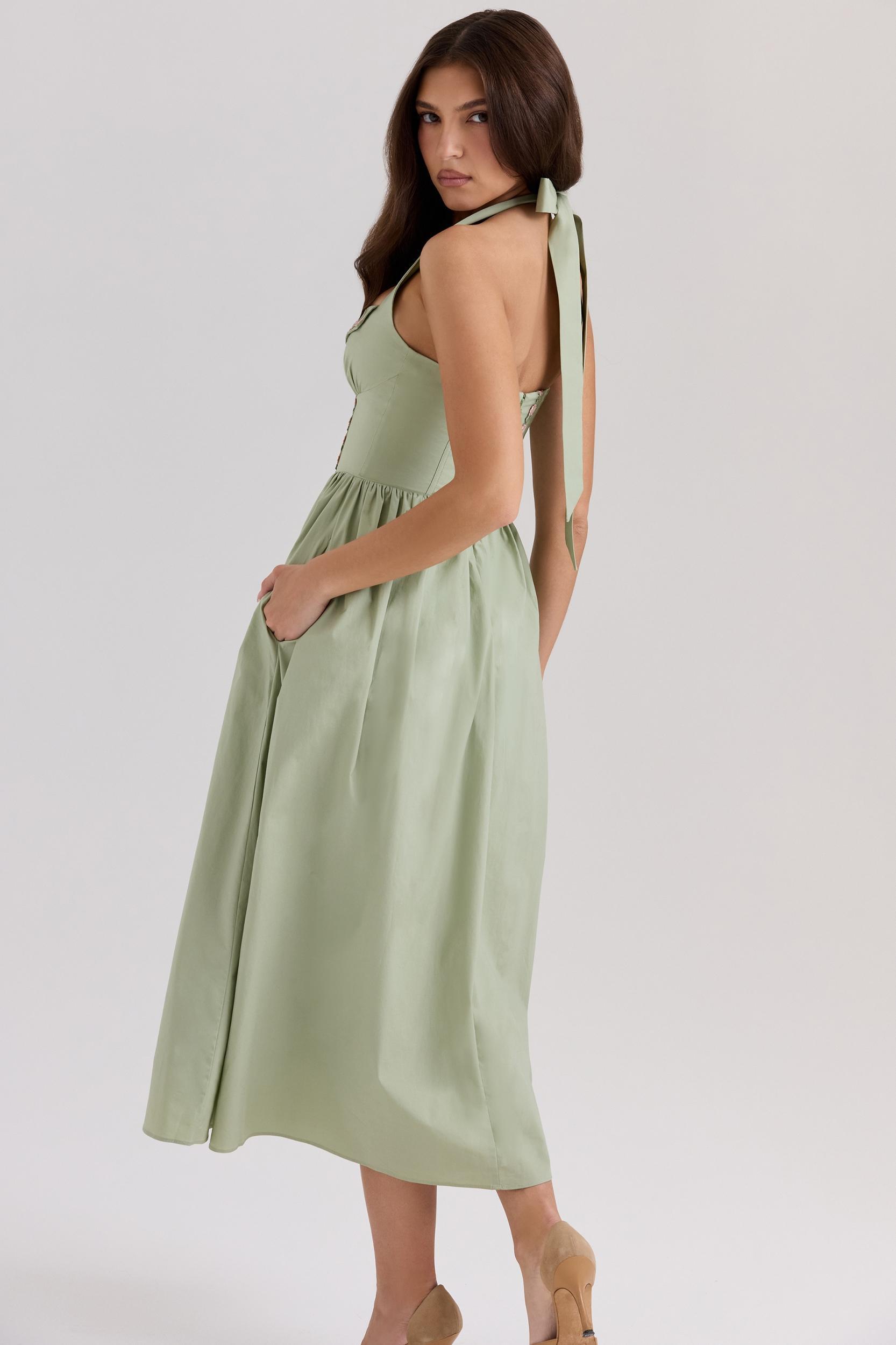 Emilia  sage stretch cotton halter neck midi dress Product Image
