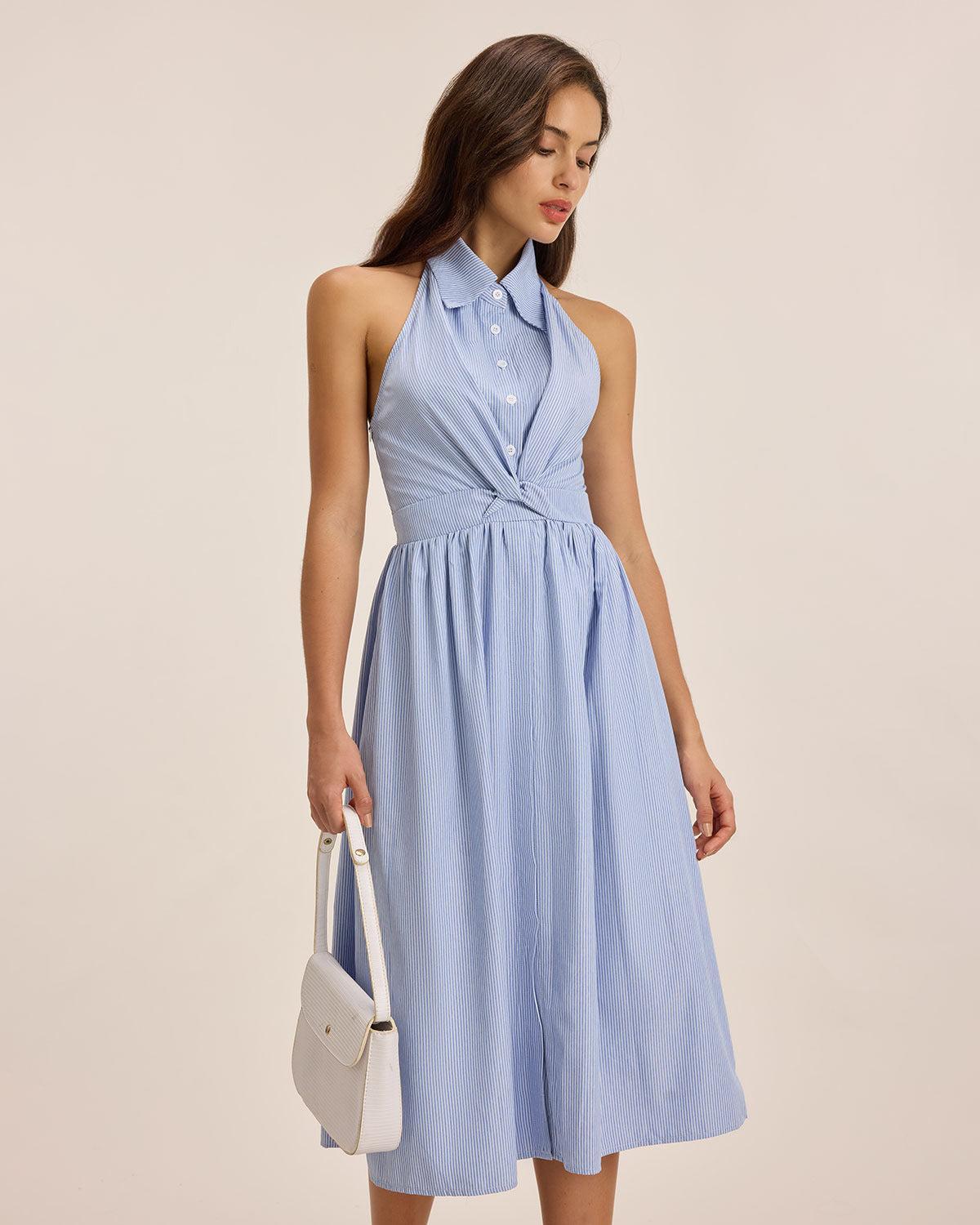 Blue Striped Twist Backless Midi Dress Product Image