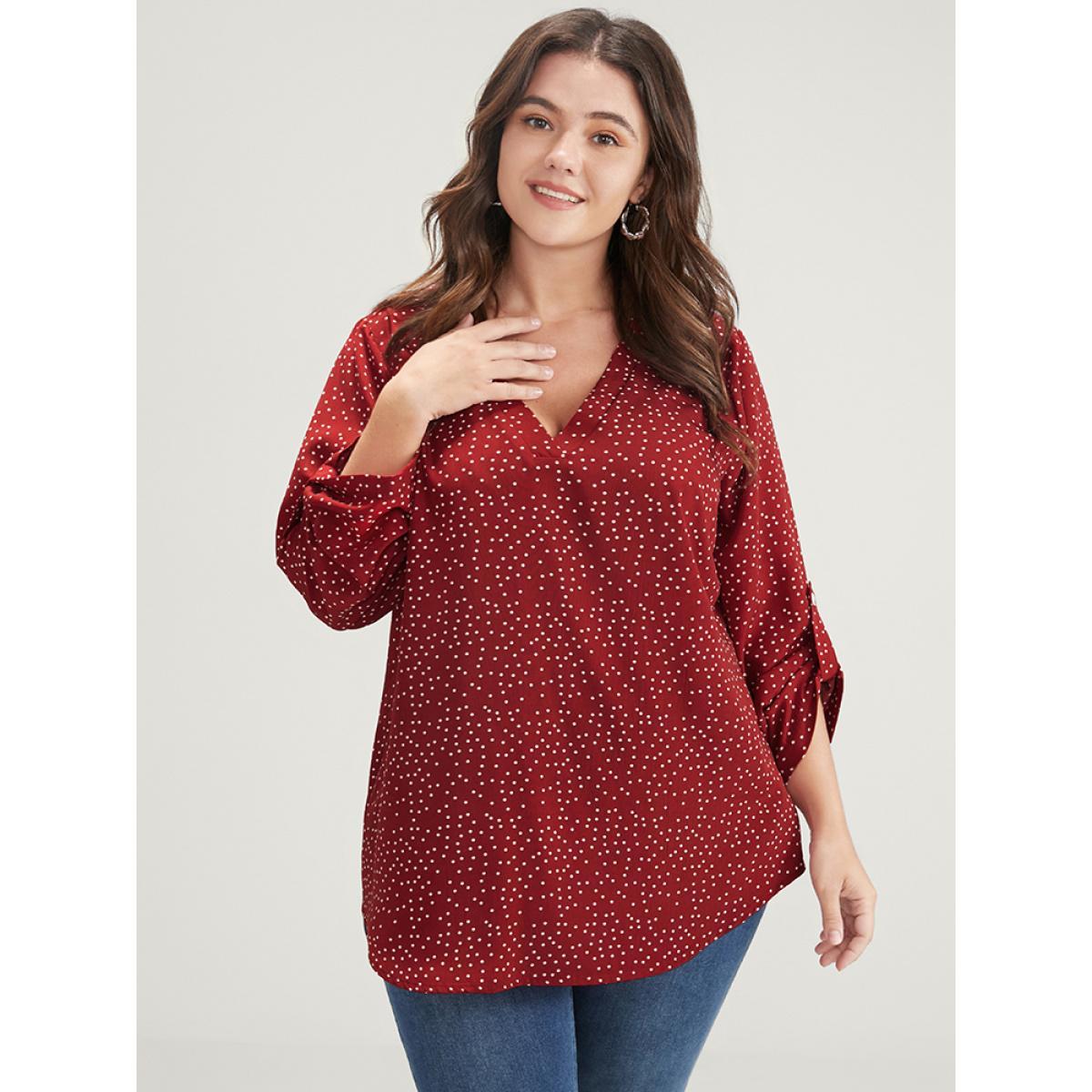Plus Size Burgundy Polka Dot Roll Sleeve V Neck Blouse Women Elegant Elbow-length sleeve V-neck Dailywear Blouses BloomChic 12/L Product Image
