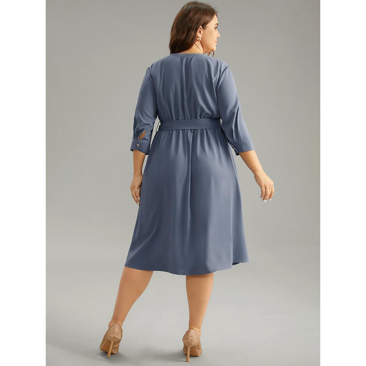 Plus Size Anti-Wrinkle Solid Belted Pleated Keyhole Dress Stone Women Office Plain Keyhole Cut-Out Elbow-length sleeve Curvy Midi Dress BloomChic 26/4X Product Image