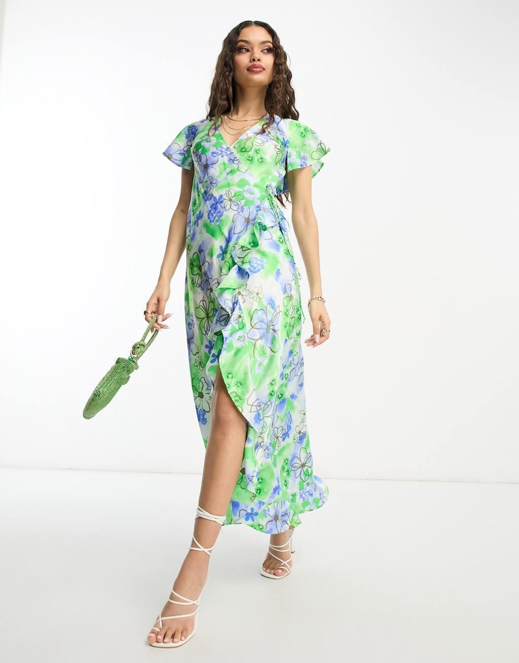 ASOS DESIGN Petite frill detail wrap maxi satin dress in white floral print Product Image