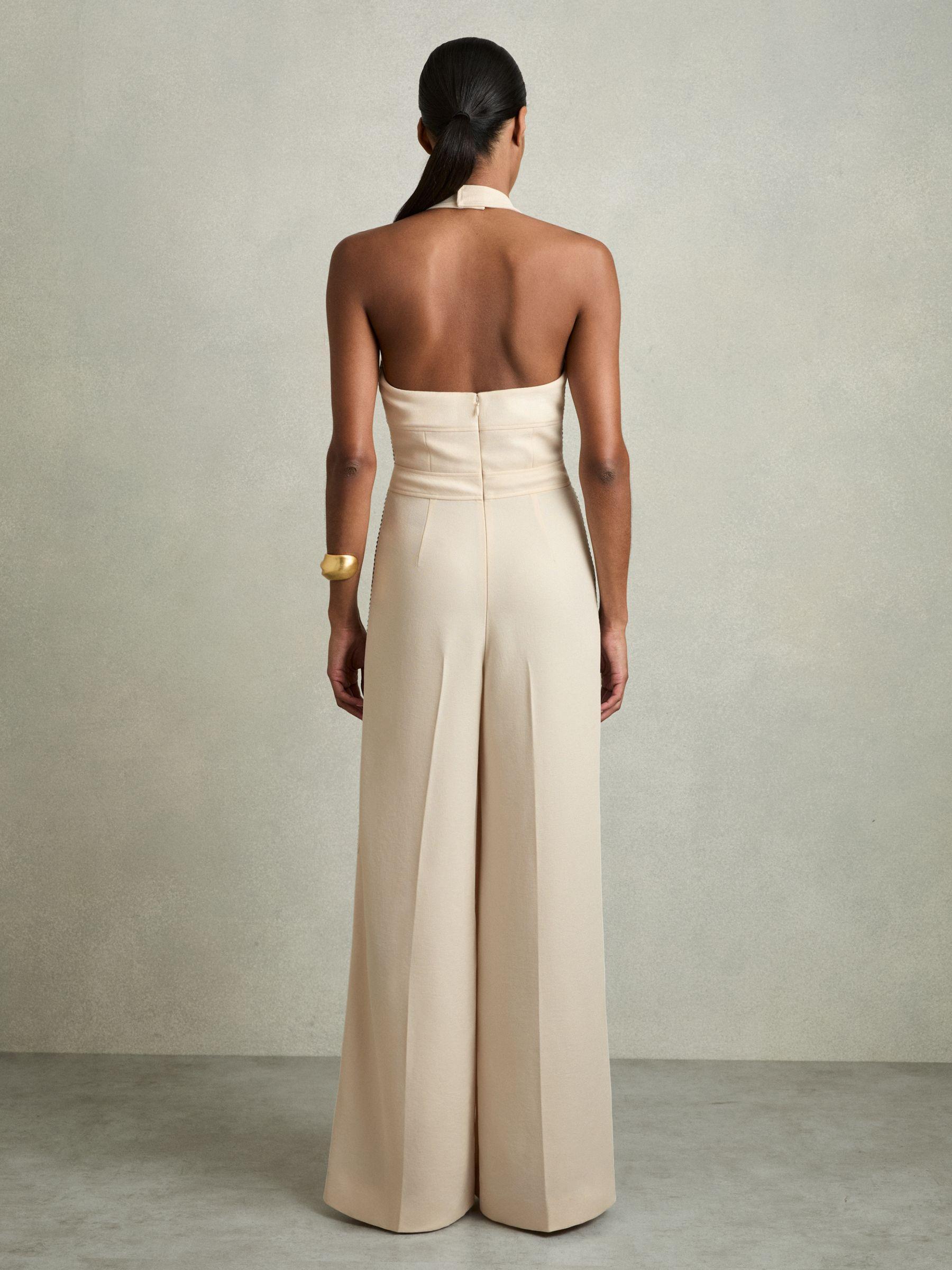 Petite Embroidery Halterneck Wide-Leg Jumpsuit in Cream Product Image