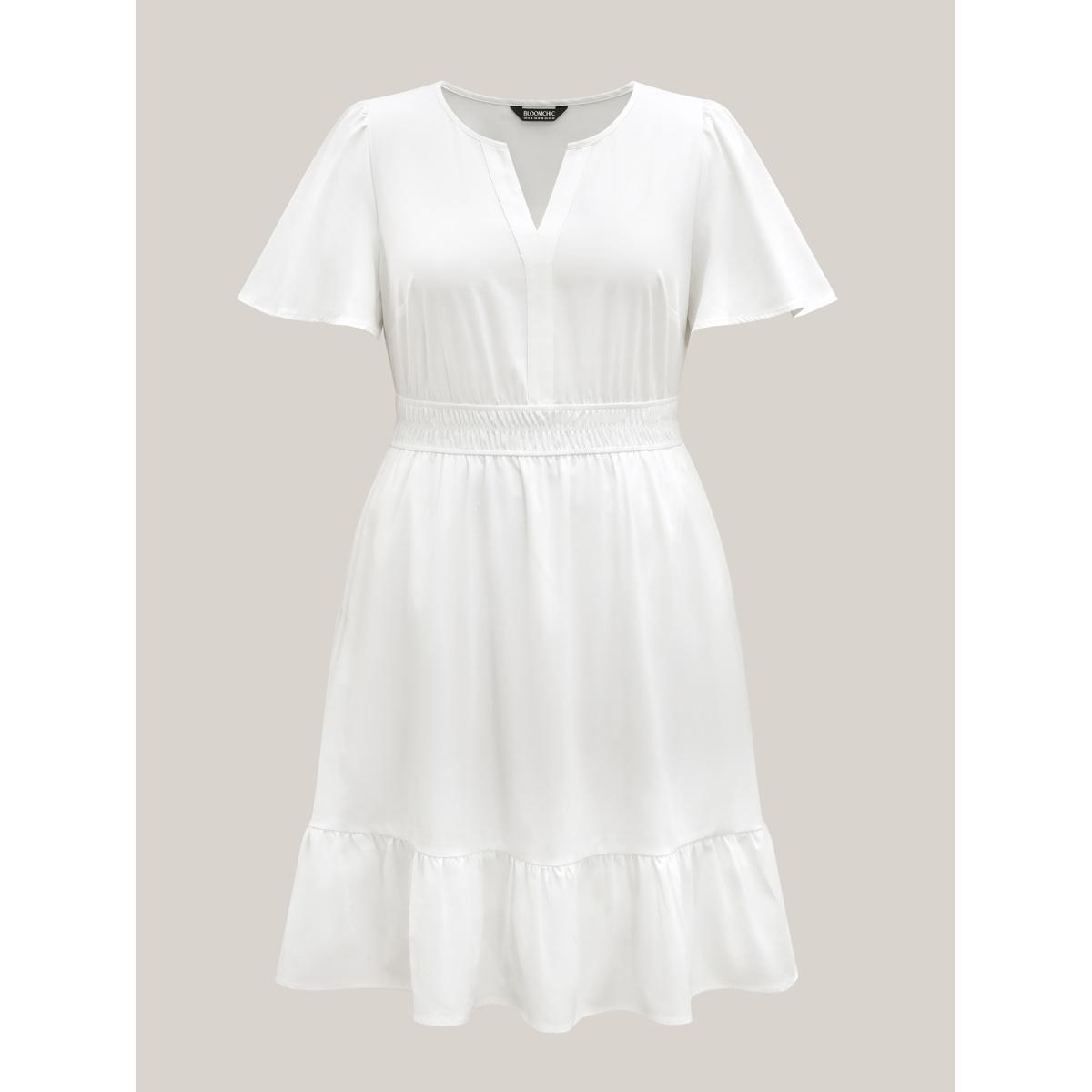 Plus Size Woven Shirred Waist Split Neck Midi Dress Originalwhite Women Flat collar with V-notch Short sleeve Curvy BloomChic 14-16/1X Product Image