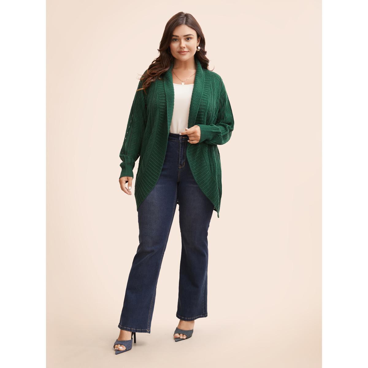 Plus Size Kimono Collar Cable Knit Arc Hem Cardigan DarkGreen Women Casual Loose Long Sleeve Everyday Cardigans BloomChic 30/6X Product Image