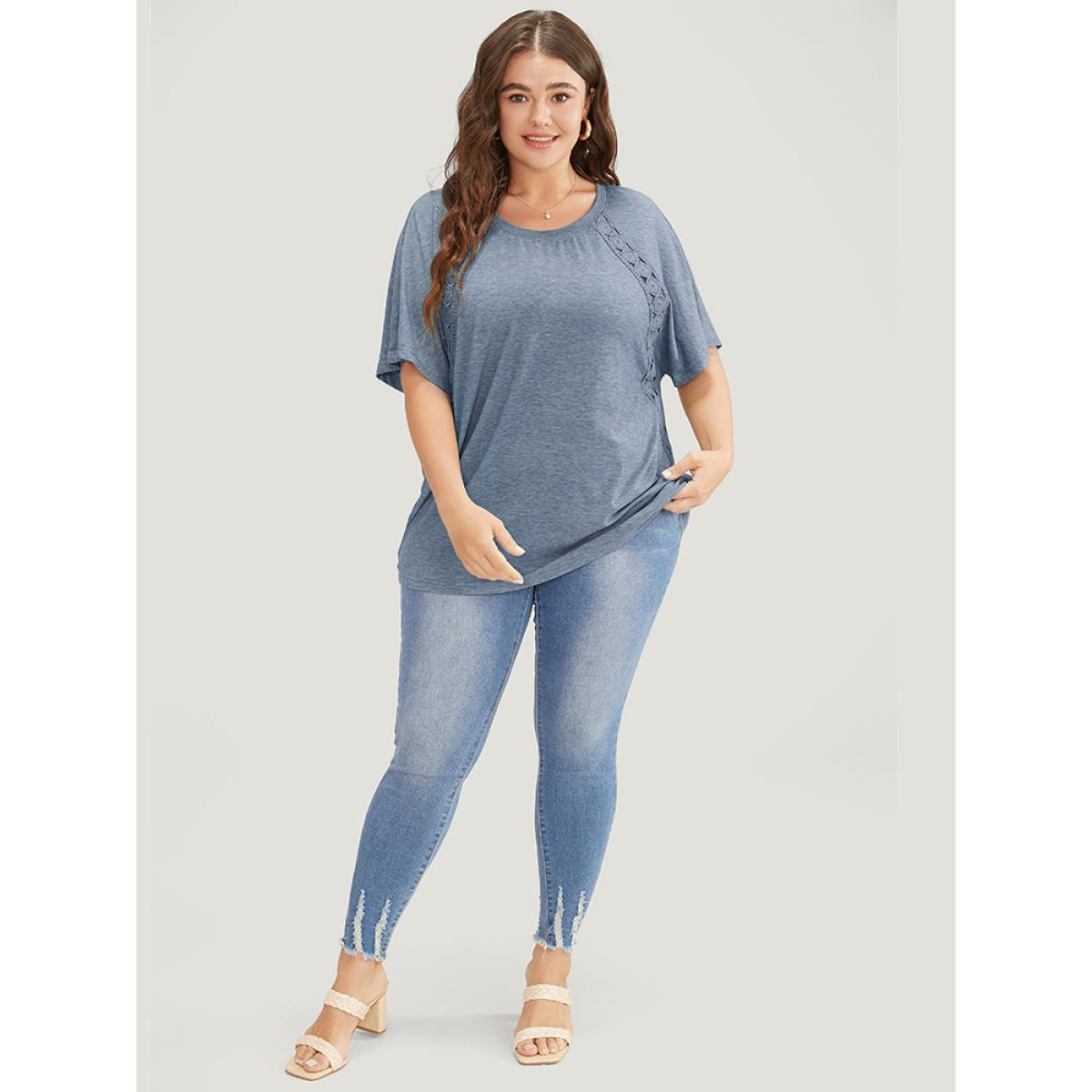 Plus Size Solid Contrast Lace Ruffle Sleeve T-shirt Stone Women Elegant Lace Plain Round Neck Everyday T-shirts BloomChic 12/L Product Image