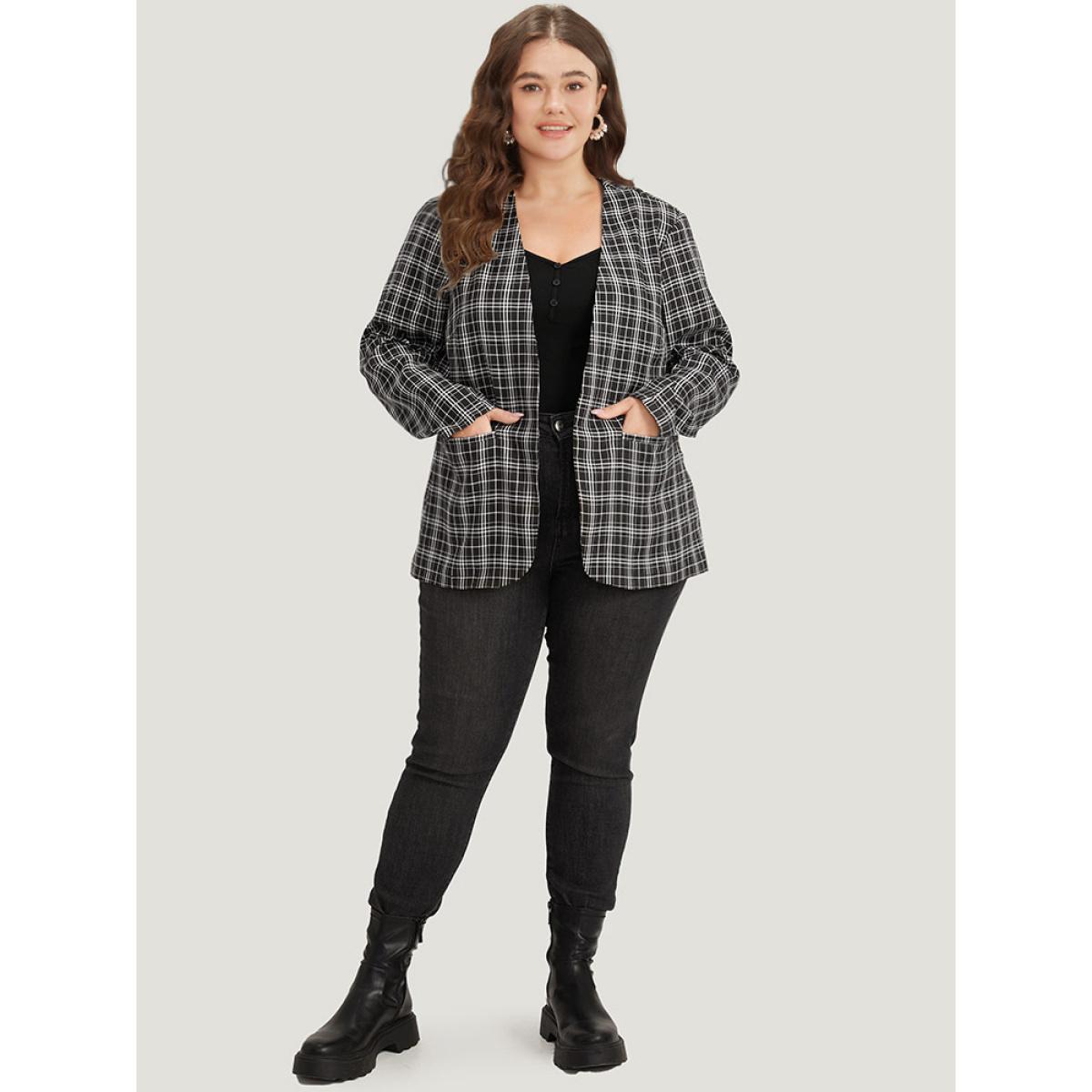 Plus Size Plaid Pocket Open Front Blazer Black Women Dailywear Plaid Pocket Sleeve Long Sleeve Open Front 22-24/3X Pocket Casual Blazers BloomChic Product Image