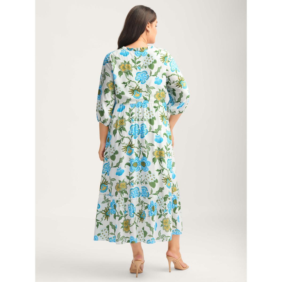 Plus Size Floral Print Beaded Tassel Neck Midi Dress WhiteSmoke Women Tie knot Flat collar with V-notch Elbow-length sleeve Curvy BloomChic 26/4X Product Image