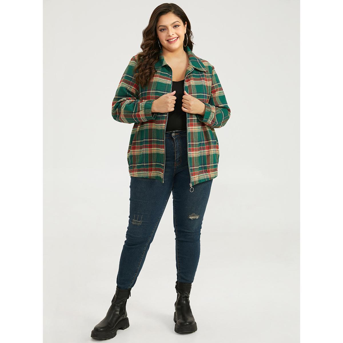 Plus Size Plaid Contrast Zipper Pocket Jacket Women Emerald Elastic cuffs Pocket Dailywear Jackets BloomChic 12/L Product Image
