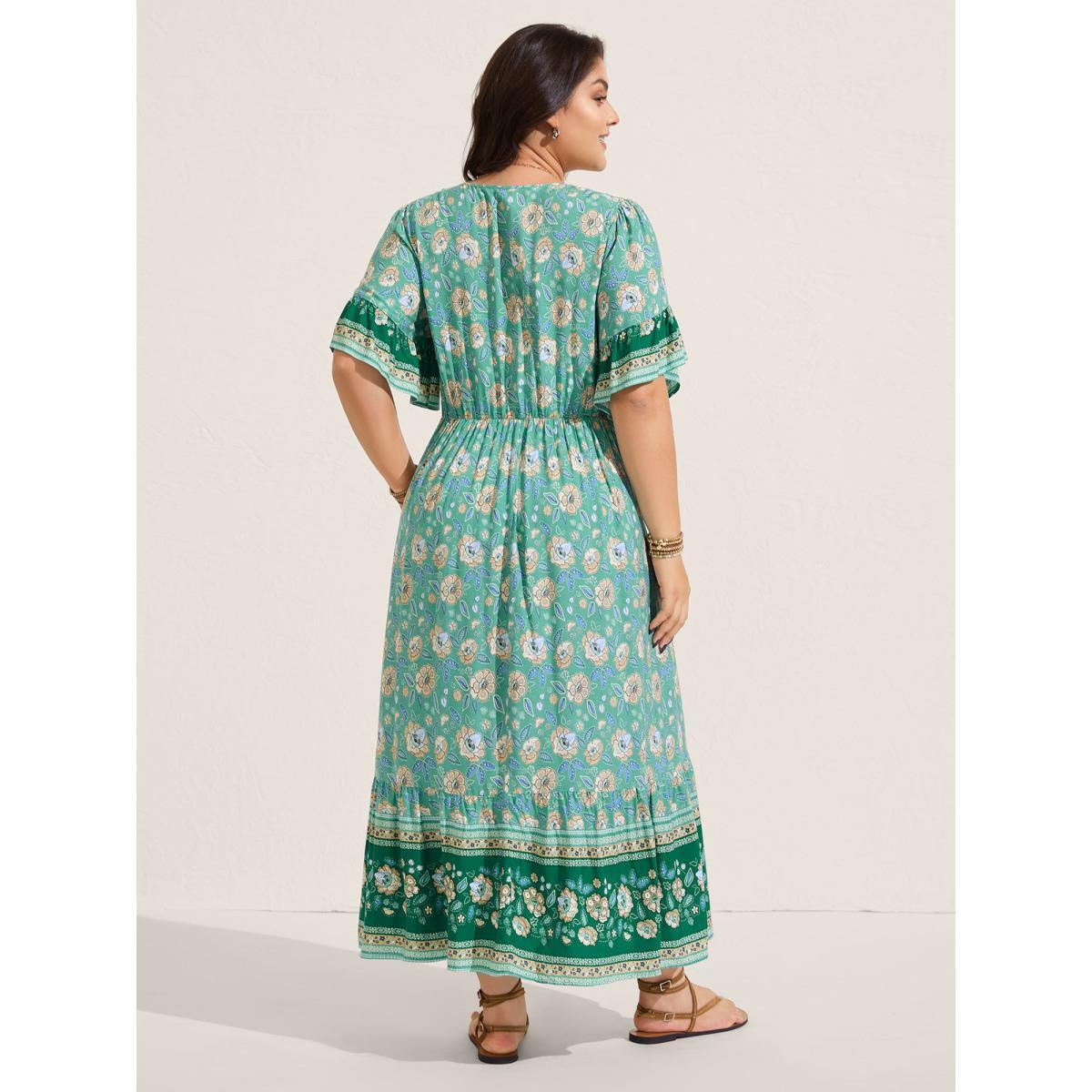Plus Size Floral Bell Sleeve Shirred Waist Midi Dress Emerald Women Overlap Collar Half Sleeve Curvy BloomChic 26/4X Product Image