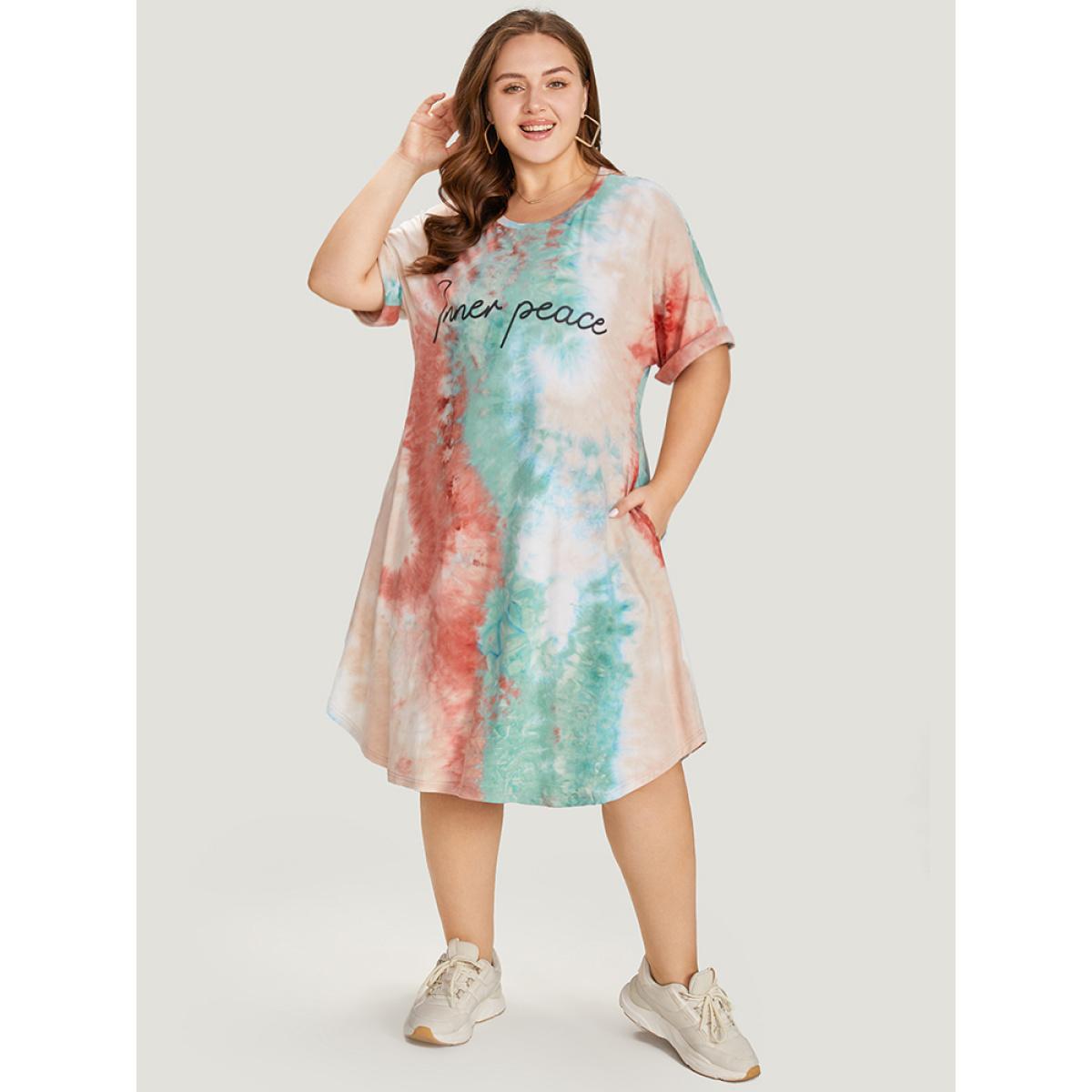 Plus Size Letter Print Pocket Tie Dye Cuffed Sleeve Dress Multicolor Women Casual Printed Curvy Midi Dress BloomChic 30/6X Product Image