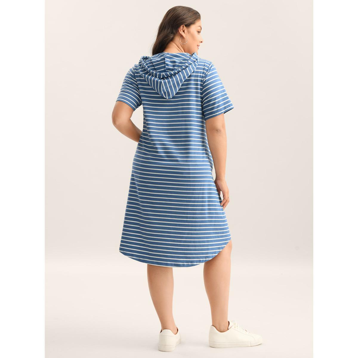 Plus Size Stripe Print Curvy Hem Hooded Midi Dress Stone Women Hooded Short sleeve Curvy BloomChic 22-24/3X Product Image