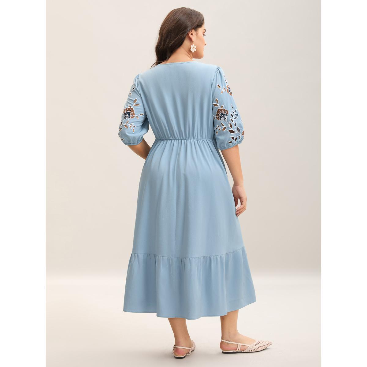 Plus Size Cut-Out Embroidery Stretchy Waist Midi Dress Skyblue Women V-neck Half Sleeve Curvy BloomChic 22-24/3X Product Image