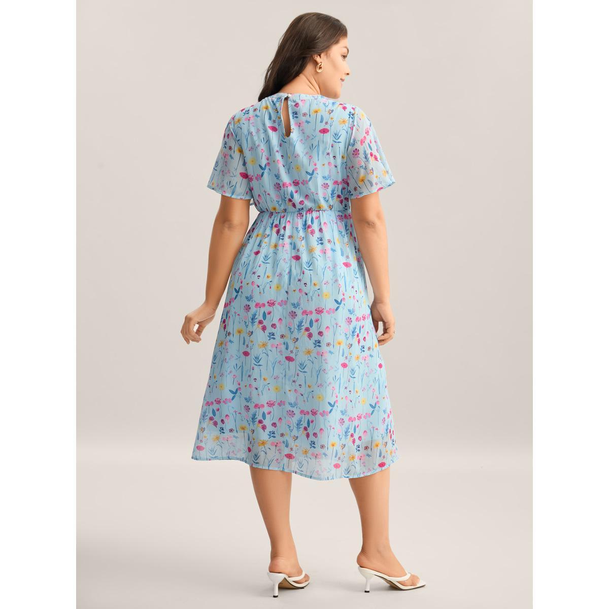 Plus Size Garden Print Stretchy Sheer Midi Dress LightBlue Women Round Neck Short sleeve Curvy BloomChic 10/M Product Image