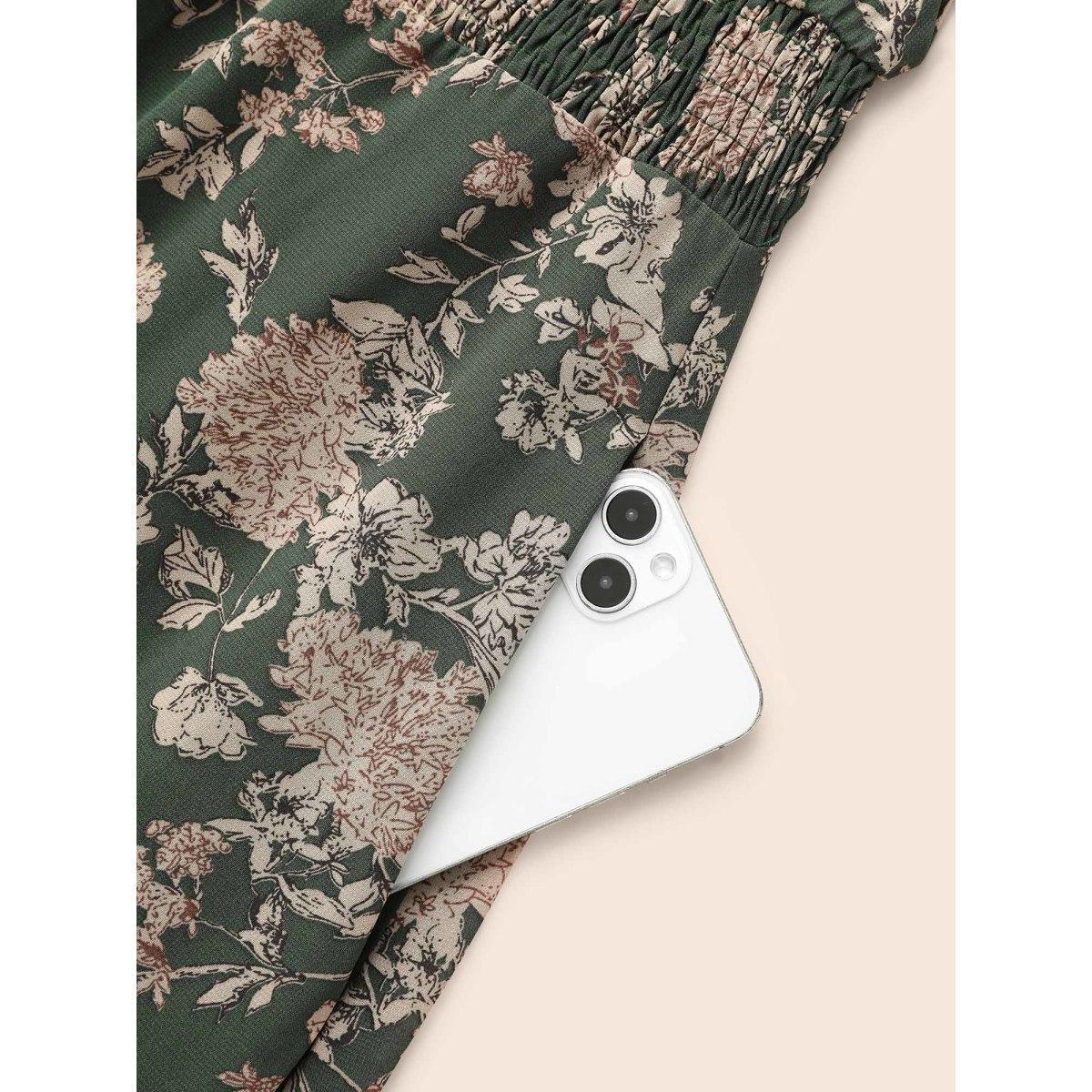 Plus Size Floral Shirred Ruffles See Through Dress ArmyGreen Women Elegant See through Flat collar with V-notch Long Sleeve Curvy BloomChic 14-16/1X Product Image