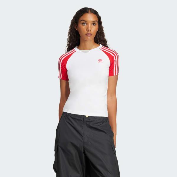 adidas Adicolor 3-Stripes Raglan Slim Tee Glow Pink L Womens Product Image