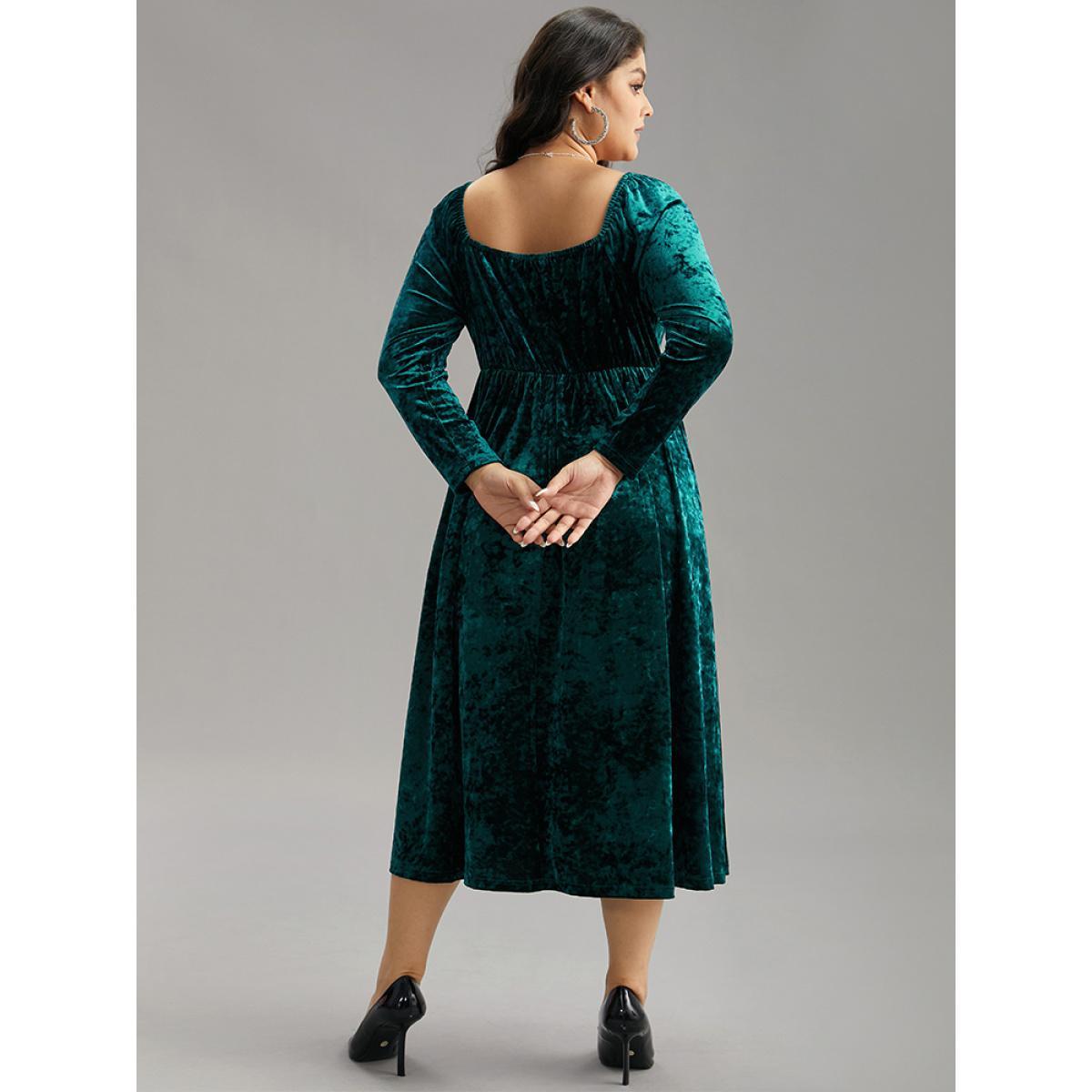 Plus Size Velvet Ruched Ties Pocket Square Neck Dress Teal Women Glamour Elastic cuffs Square Neck Long Sleeve Curvy Midi Dress BloomChic 28/5X Product Image