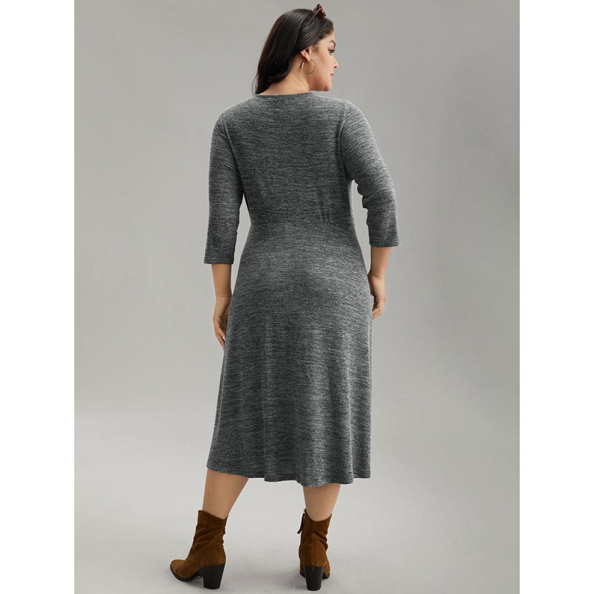 Plus Size Solid Heather Button Detail Pocket Gathered Dress Black Women Work From Home Plain Round Neck Elbow-length sleeve Curvy Midi Dress BloomChic 28/5X Product Image