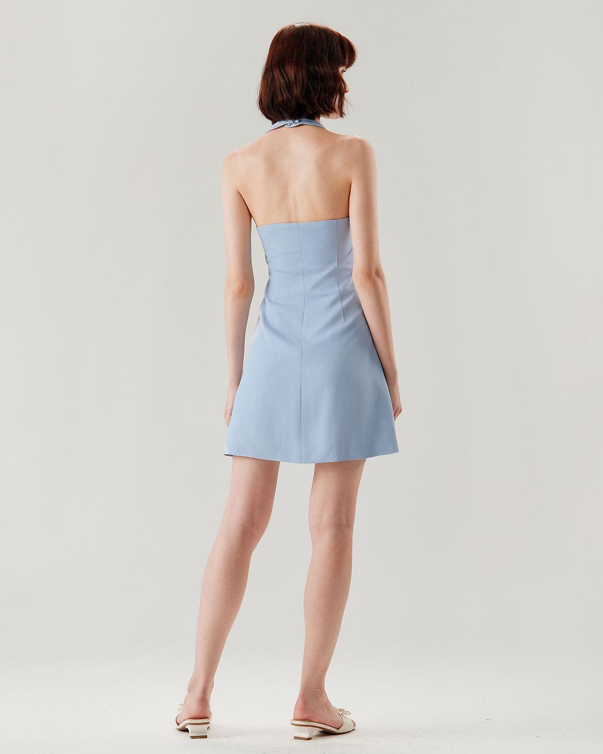 Blue Button Pocket Halter Mini Dress Product Image