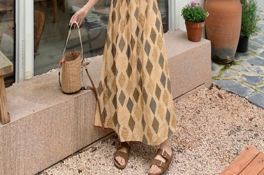 Spaghetti Strap V-Neck Argyle Maxi A-Line Dress Product Image