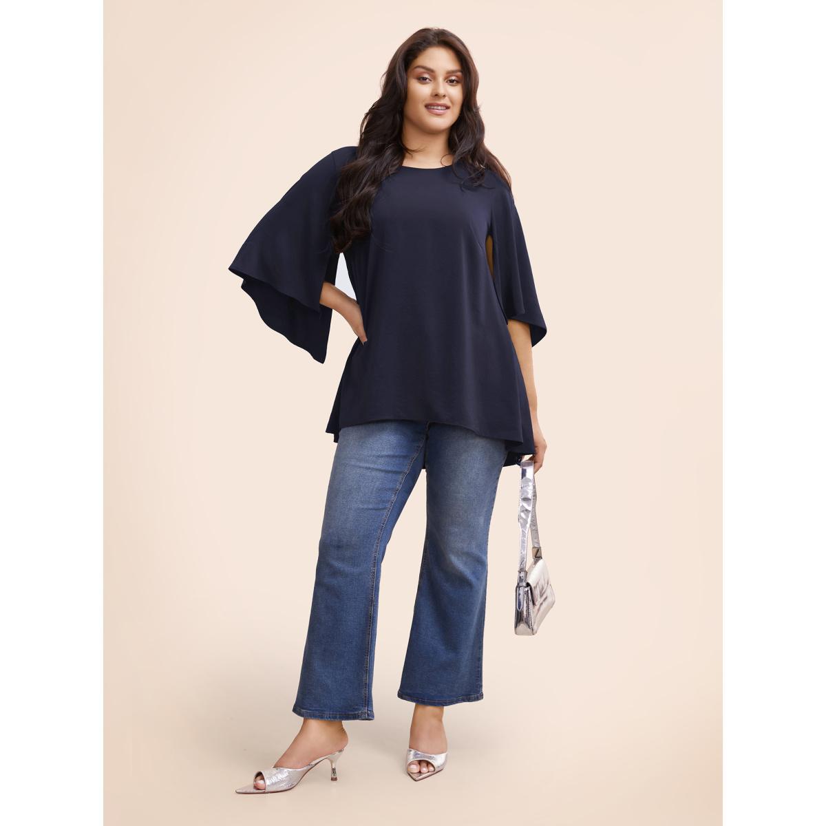Plus Size Indigo Plain Mesh Flutter Sleeve Hanky Hem Blouse Women Office Elbow-length sleeve Round Neck Dailywear Blouses BloomChic 26/4X Product Image