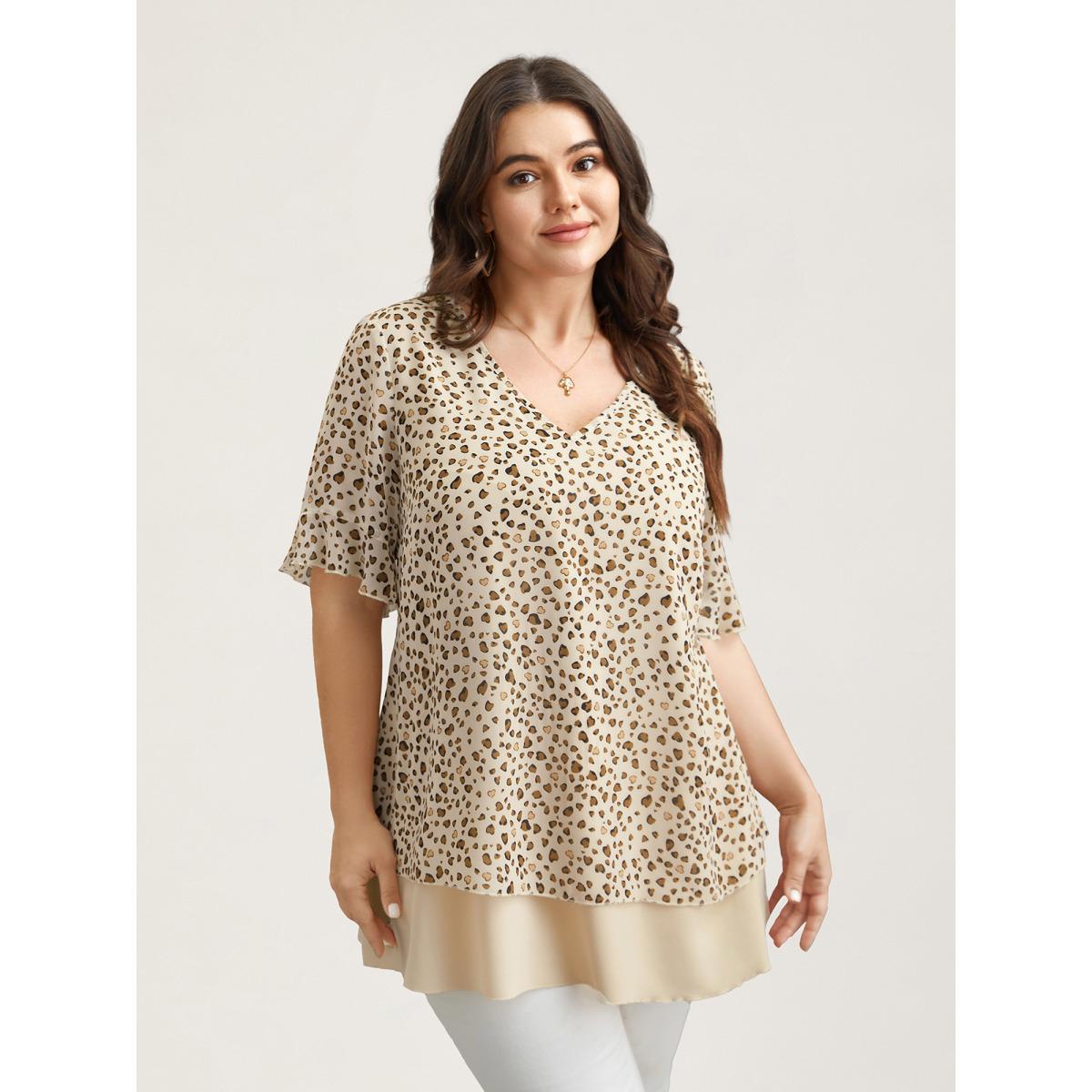Plus Size LightBrown Polka Dot Print Ruffled V-Neck Layered Shirt Women Casual Half Sleeve V-neck Everyday Blouses BloomChic 18-20/2X Product Image