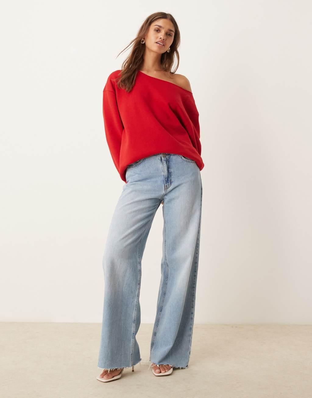 ASOS DESIGN relaxed off shoulder sweat in red Product Image