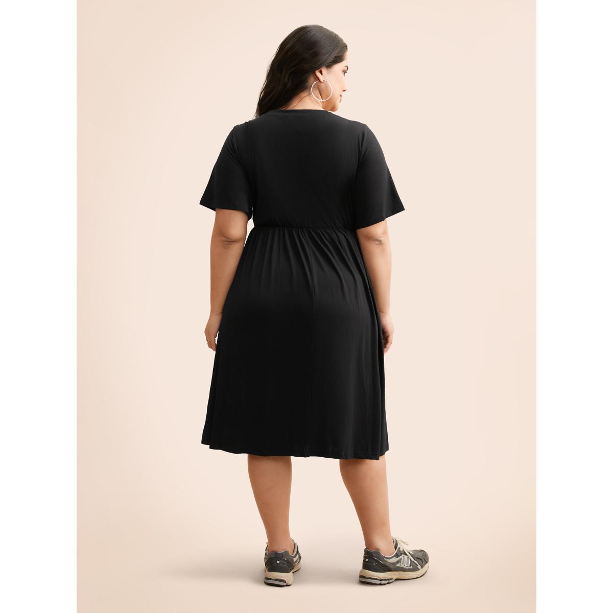 Plus Size Supersoft Essentials Solid Pleated Round Neck Midi Dress Black Women Casual Plain Round Neck Short sleeve Curvy Midi Dress BloomChic 12/L Product Image