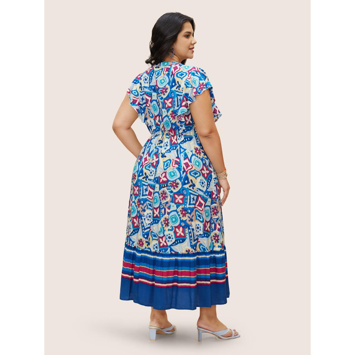 Plus Size Boho Print Pleated Ruffle Sleeve Dress Blue Women Resort Ruffles Notched collar Cap Sleeve Curvy BloomChic 28/5X Product Image