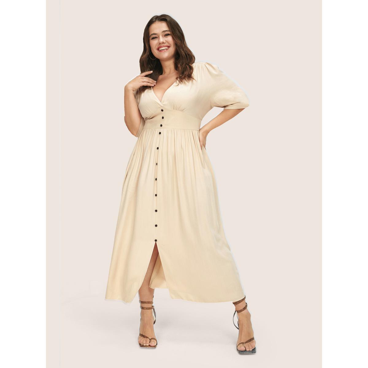 Plus Size Plunging Neck Button Detail Pocket Maxi Dress Beige Women Resort Gathered V-neck Short sleeve Curvy Long Dress BloomChic 16/1X Product Image