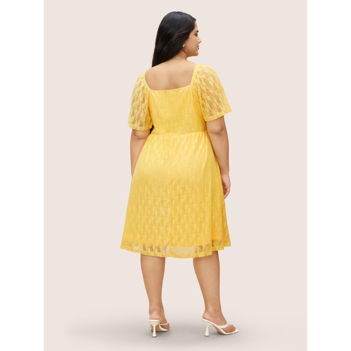 Plus Size Crochet Lace Mesh Ruffle Sleeve Dress Yellow Women Elegant Woven ribbon&lace trim Square Neck Short sleeve Curvy BloomChic 30/6X Product Image
